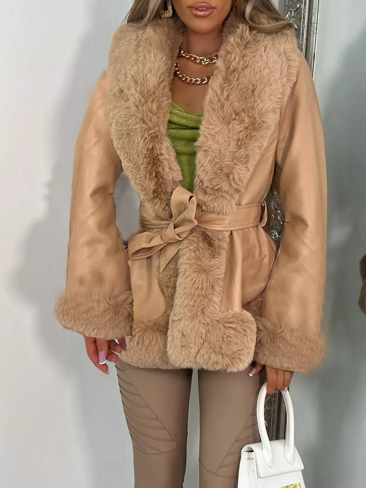 Faux Fur Trimmed Belted Outerwear - SuzRevera