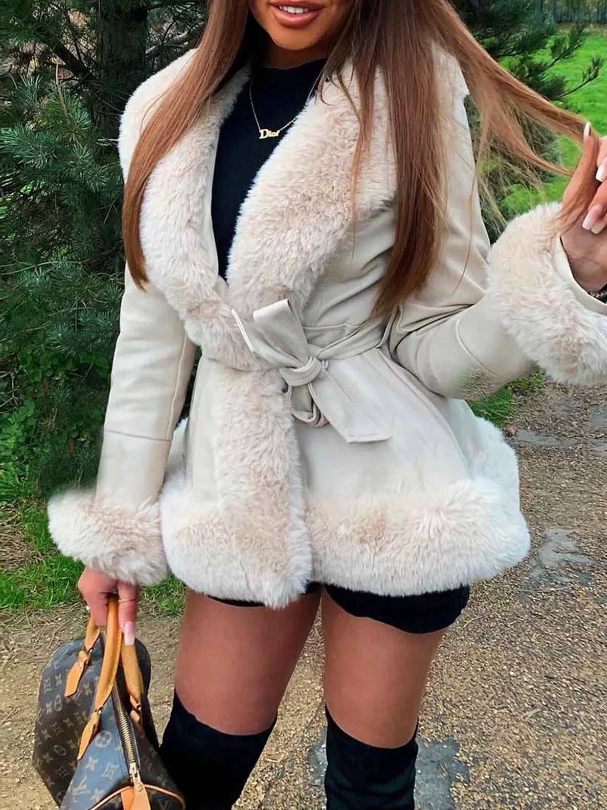 Faux Fur Trimmed Belted Outerwear - SuzRevera
