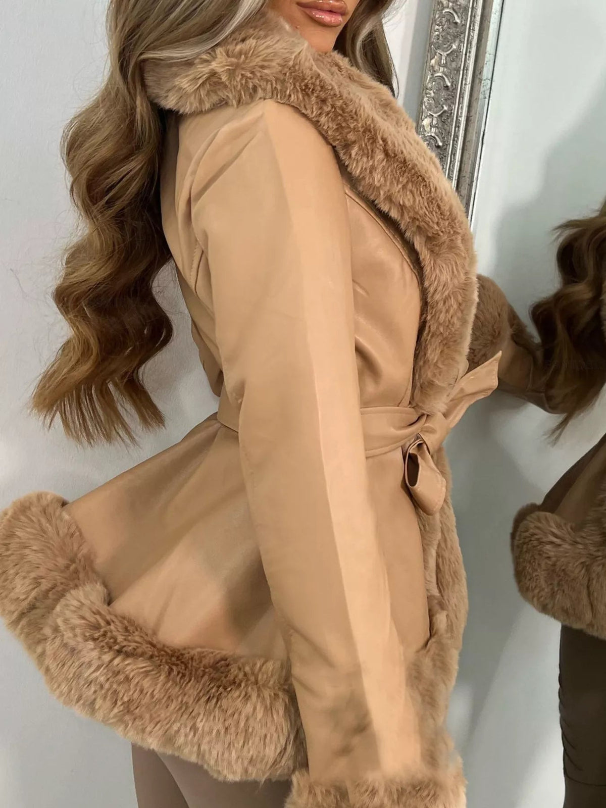 Faux Fur Trimmed Belted Outerwear - SuzRevera