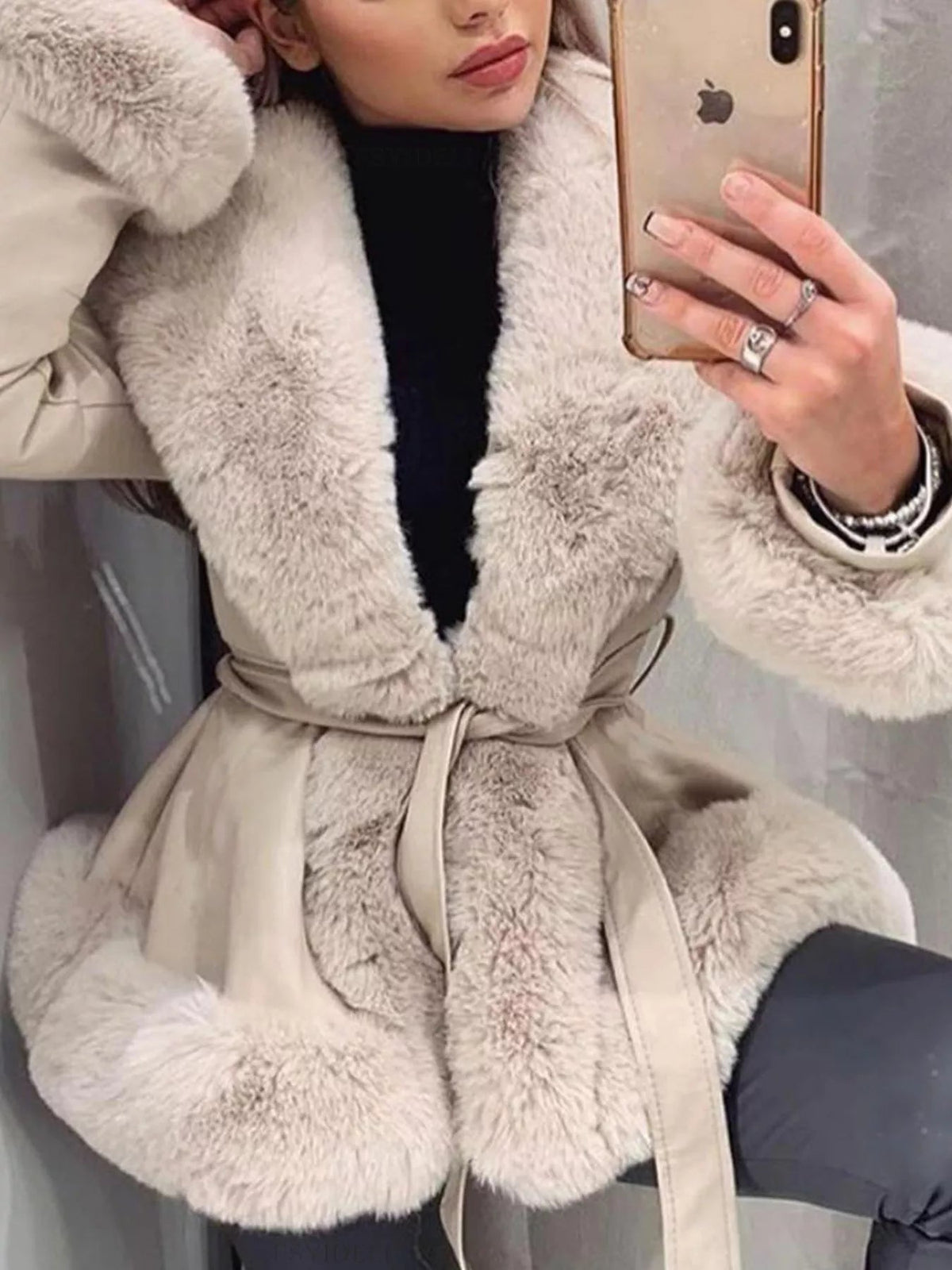 Faux Fur Trimmed Belted Outerwear - SuzRevera