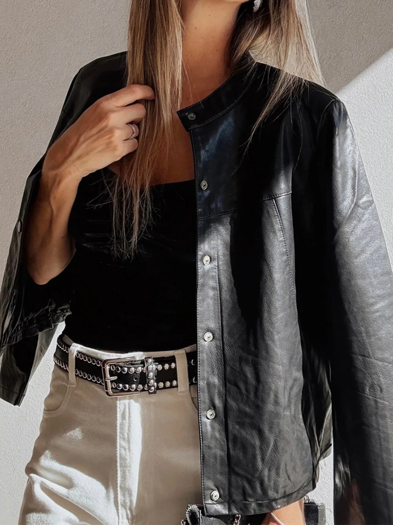 Faux Leather Buttoned Front Boxy Jacket - SuzRevera