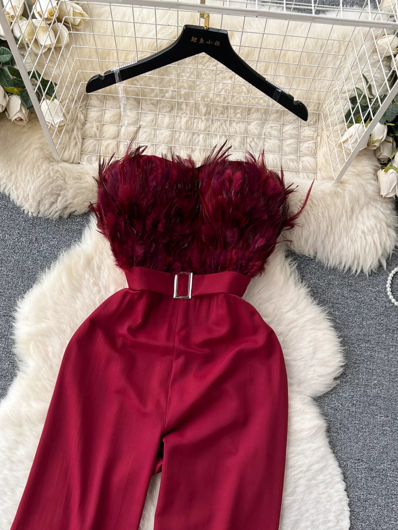 Feather Trim Strapless Wide Leg Jumpsuit - SuzRevera