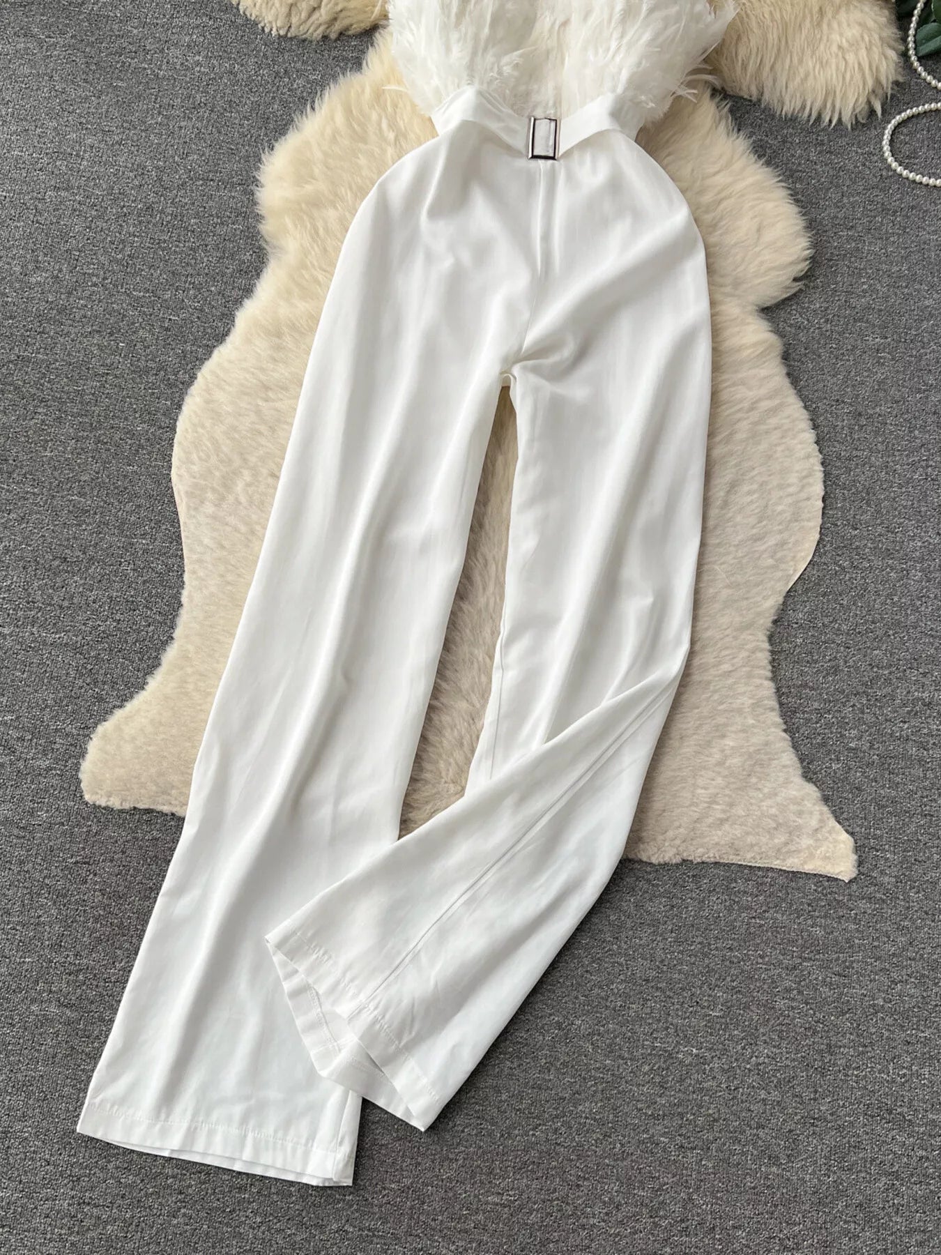 Feather Trim Strapless Wide Leg Jumpsuit - SuzRevera