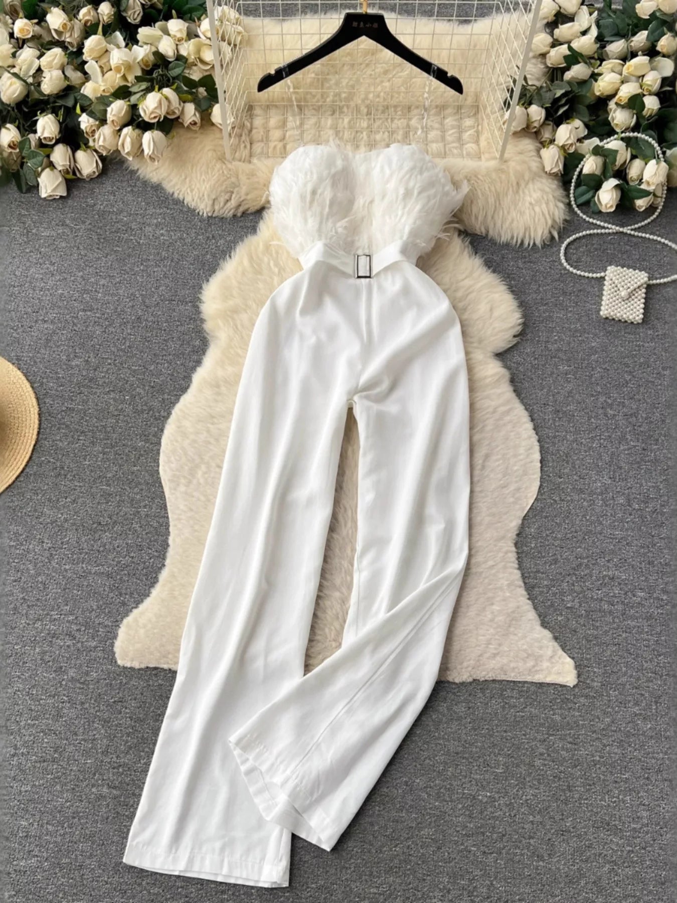 Feather Trim Strapless Wide Leg Jumpsuit - SuzRevera