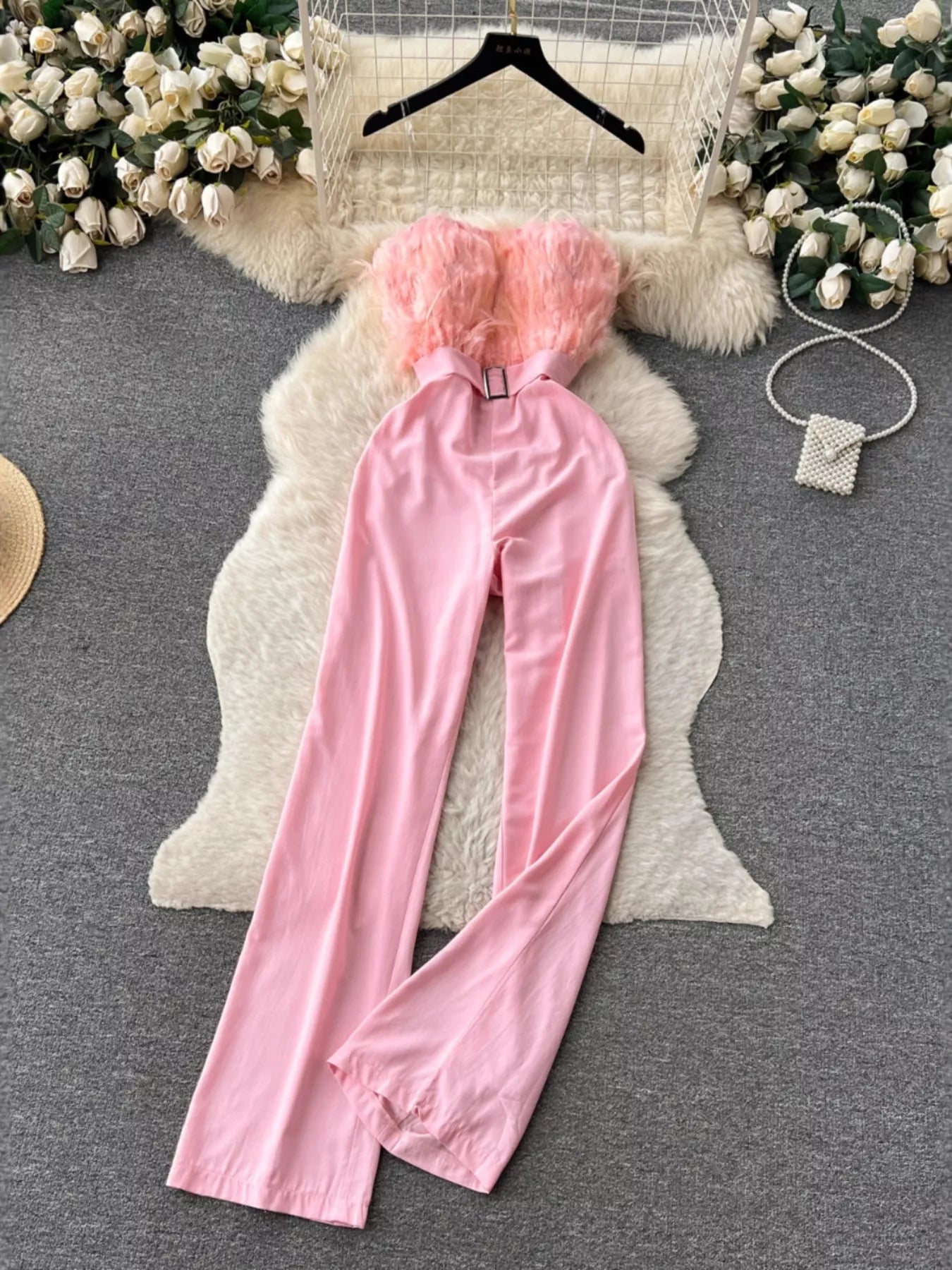 Feather Trim Strapless Wide Leg Jumpsuit - SuzRevera