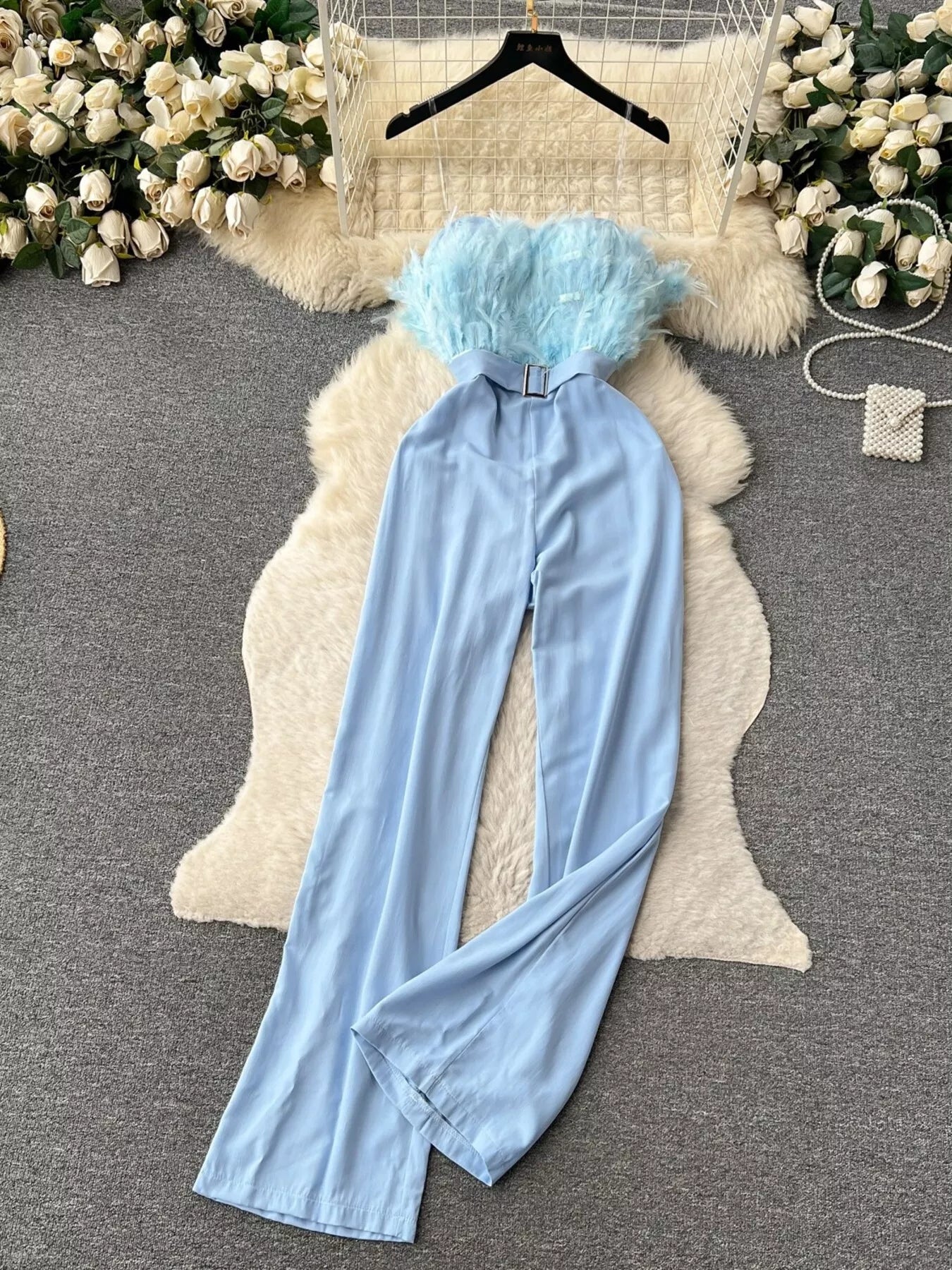 Feather Trim Strapless Wide Leg Jumpsuit - SuzRevera