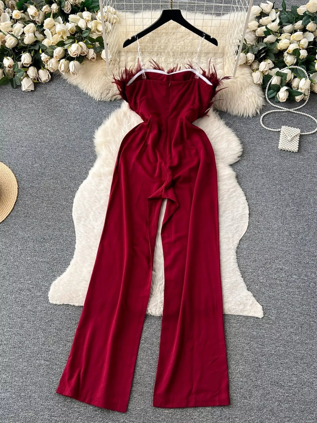 Feather Trim Strapless Wide Leg Jumpsuit - SuzRevera