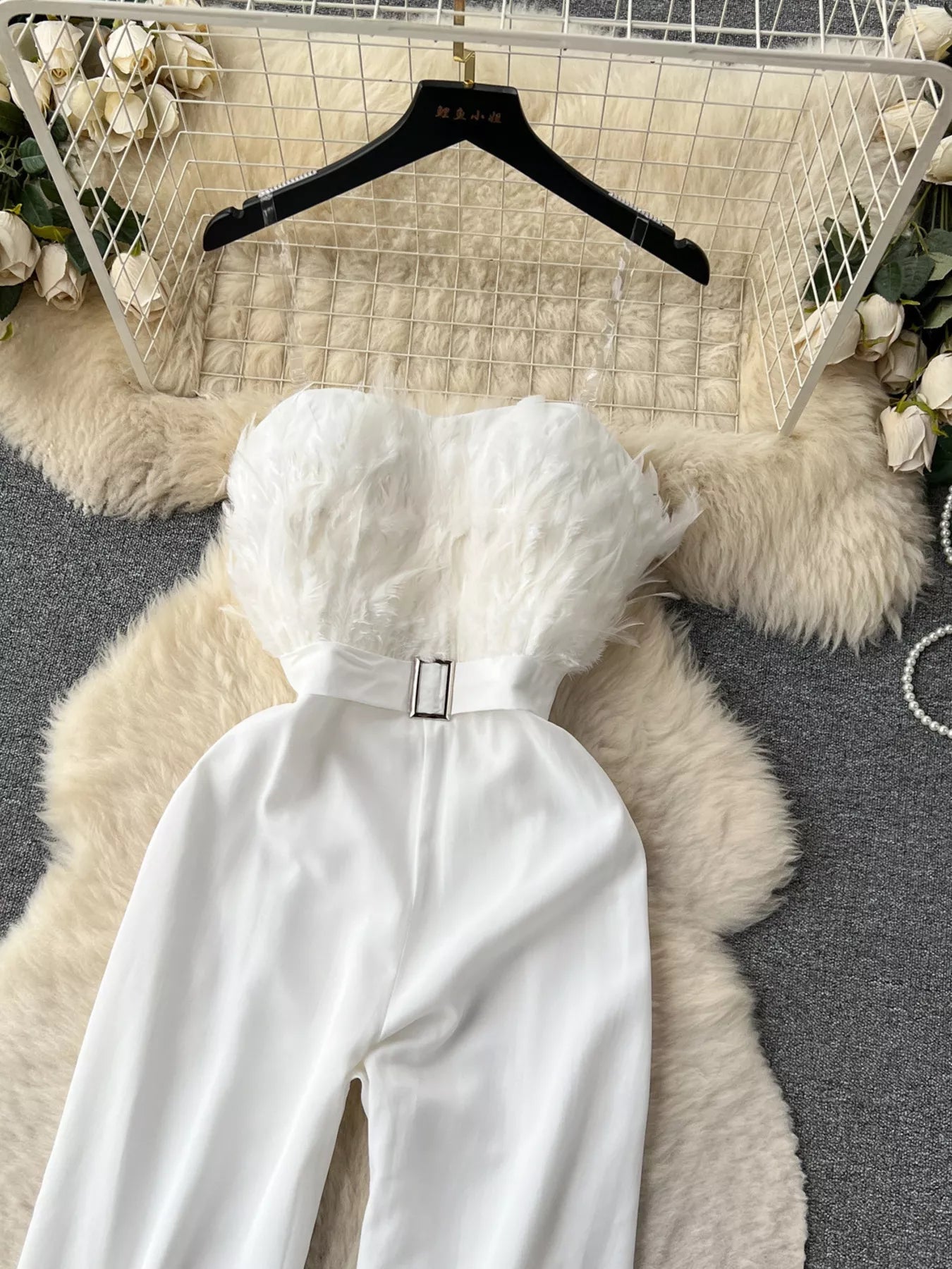 Feather Trim Strapless Wide Leg Jumpsuit - SuzRevera