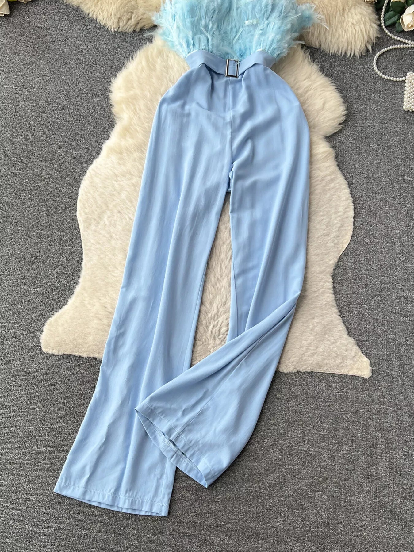 Feather Trim Strapless Wide Leg Jumpsuit - SuzRevera