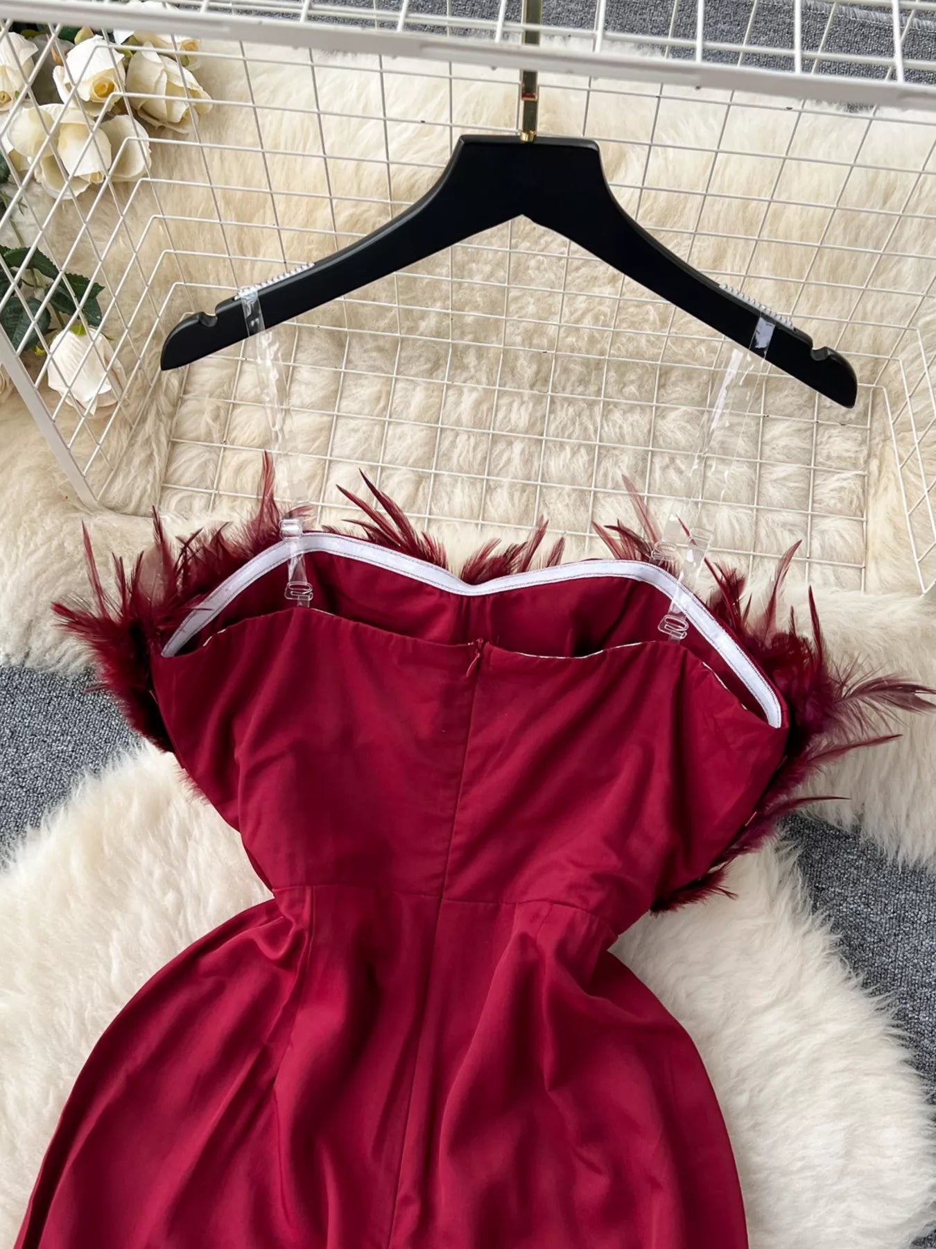 Feather Trim Strapless Wide Leg Jumpsuit - SuzRevera