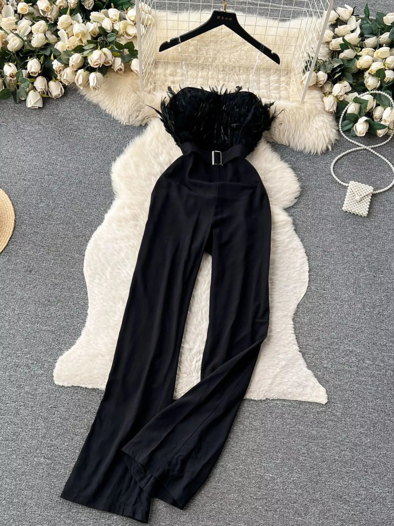 Feather Trim Strapless Wide Leg Jumpsuit - SuzRevera
