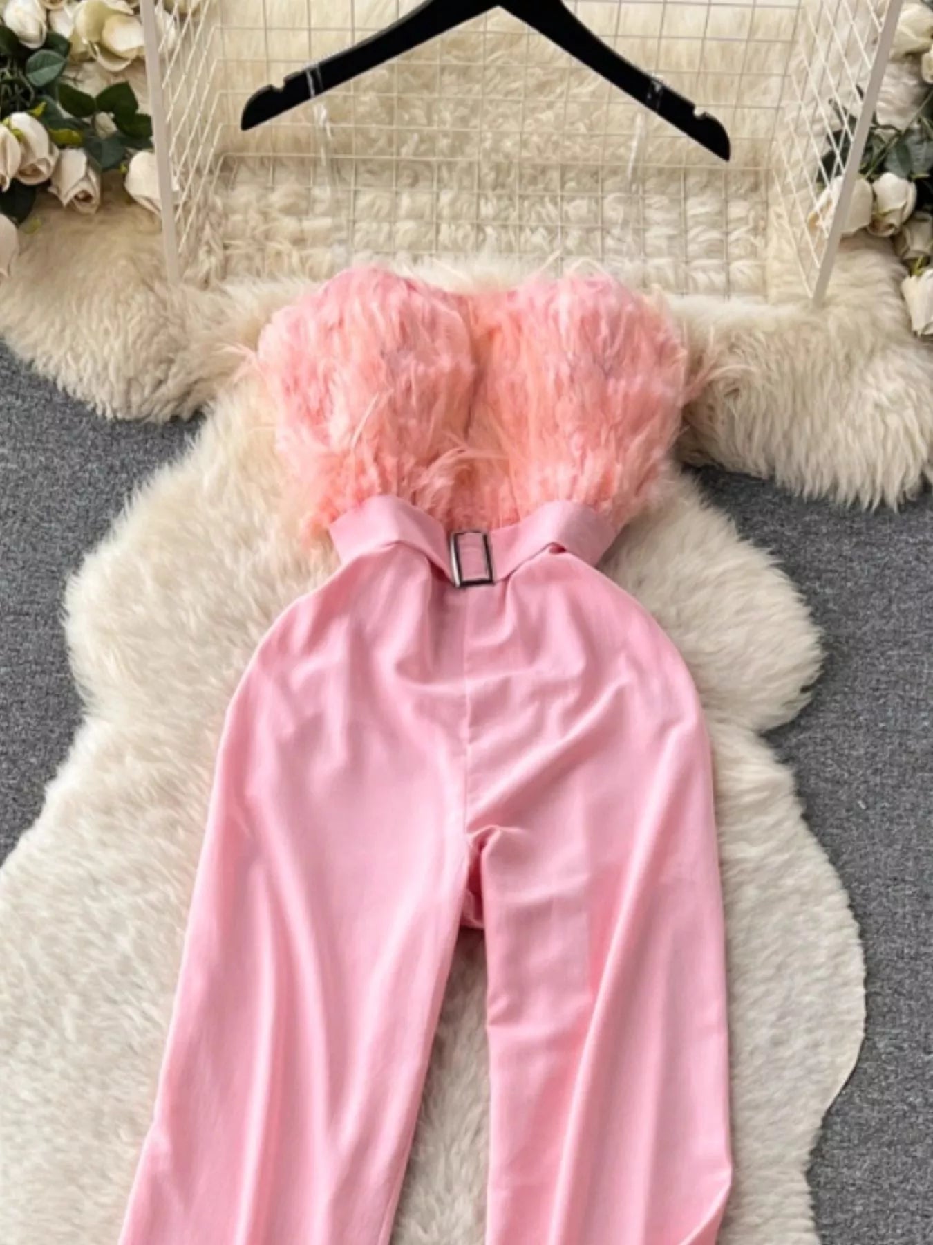 Feather Trim Strapless Wide Leg Jumpsuit - SuzRevera