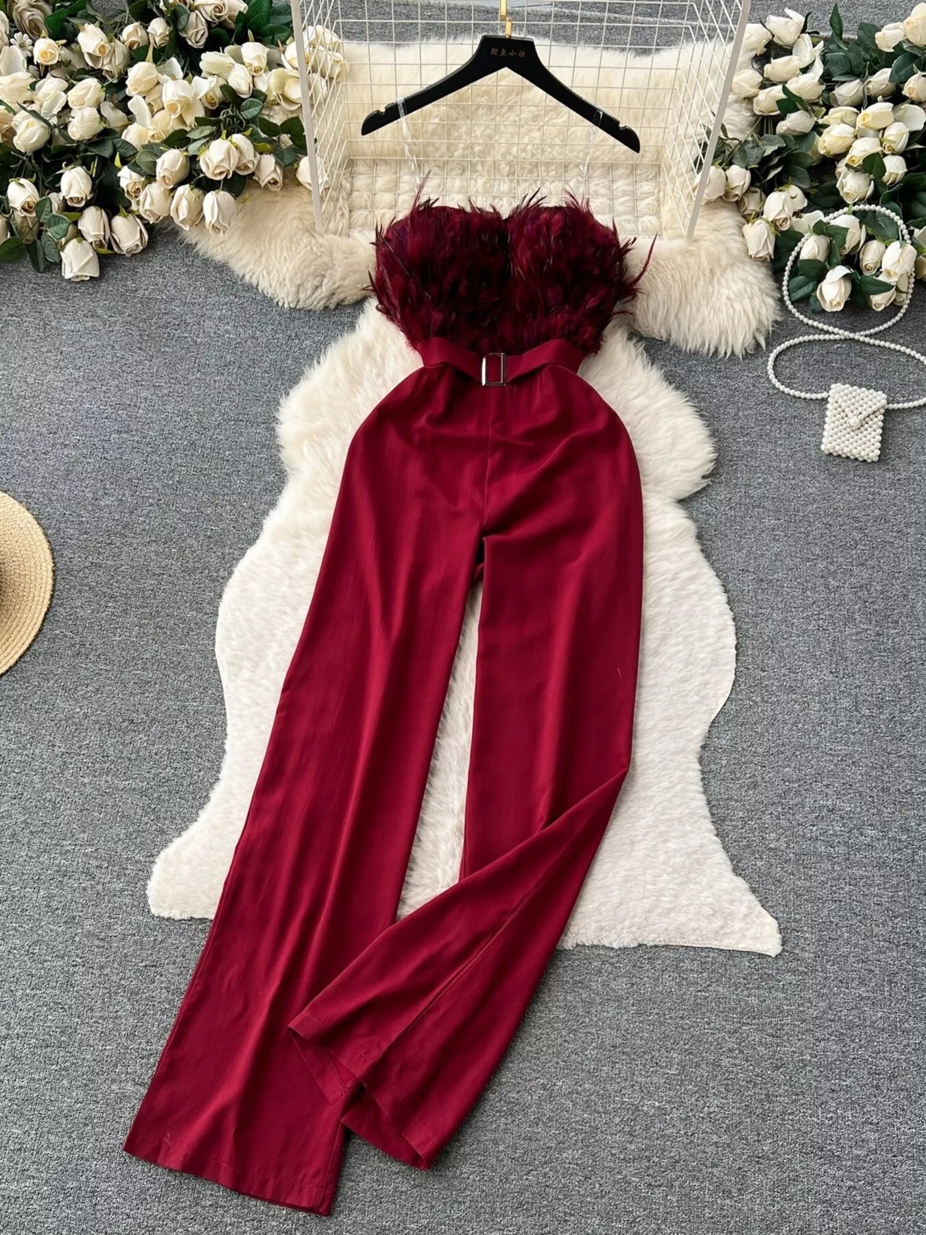 Feather Trim Strapless Wide Leg Jumpsuit - SuzRevera