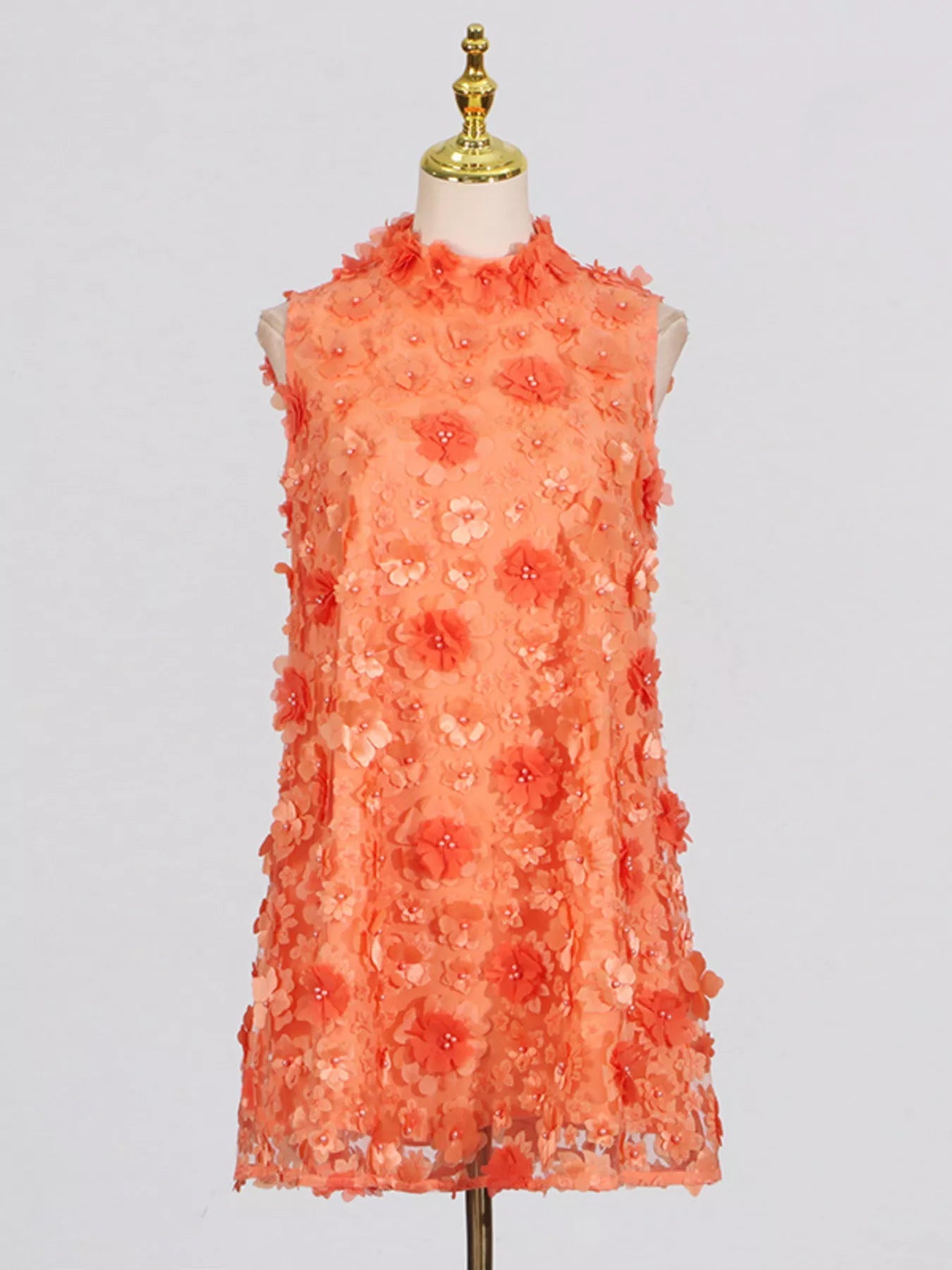 Floral Applique High Neck Sleeveless Mini Dress - SuzRevera