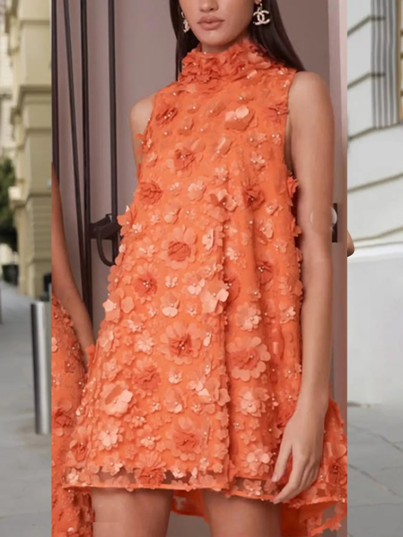 Floral Applique High Neck Sleeveless Mini Dress - SuzRevera