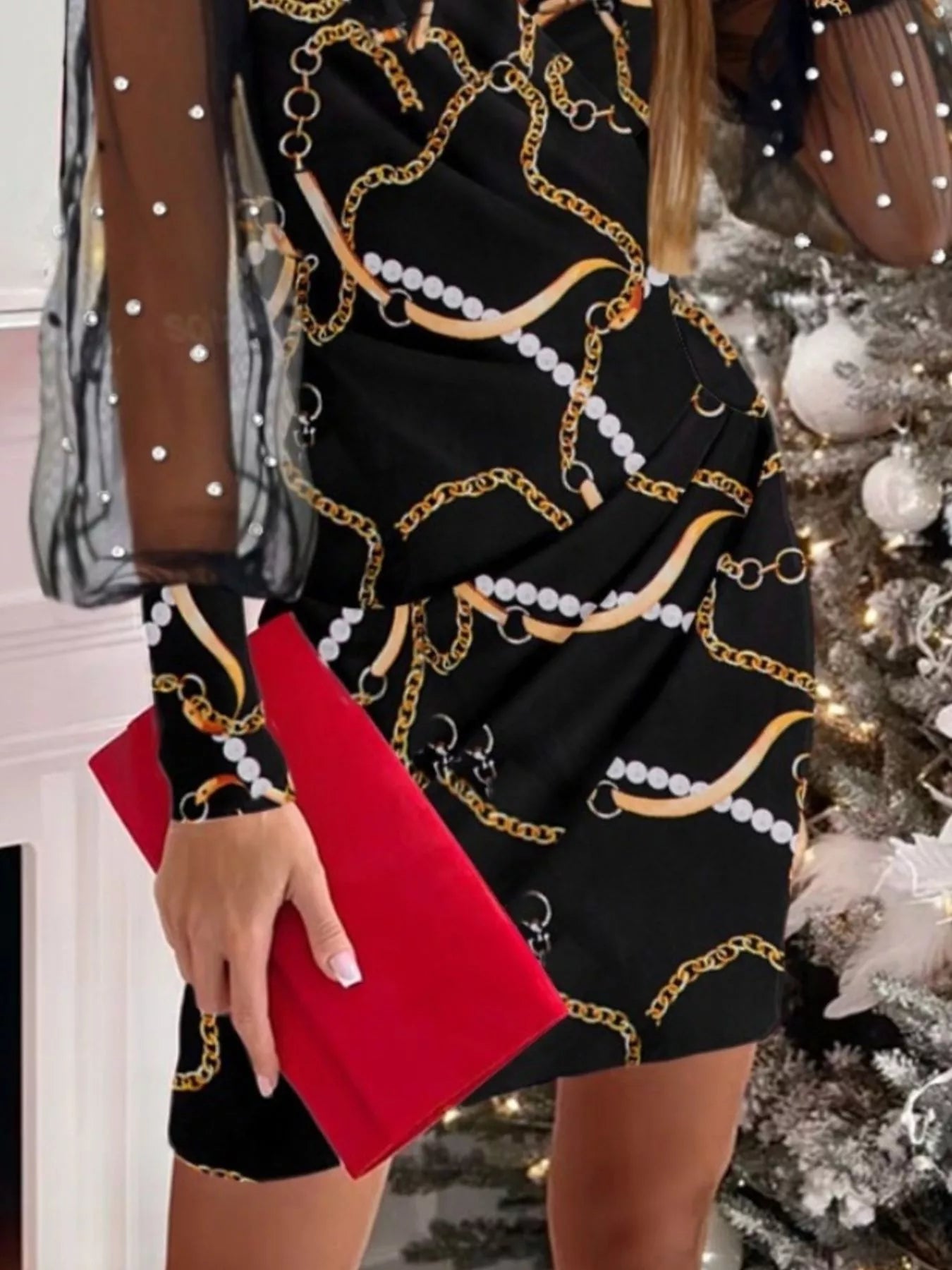 Floral Applique Mesh Sleeve Bodycon Dress - SuzRevera