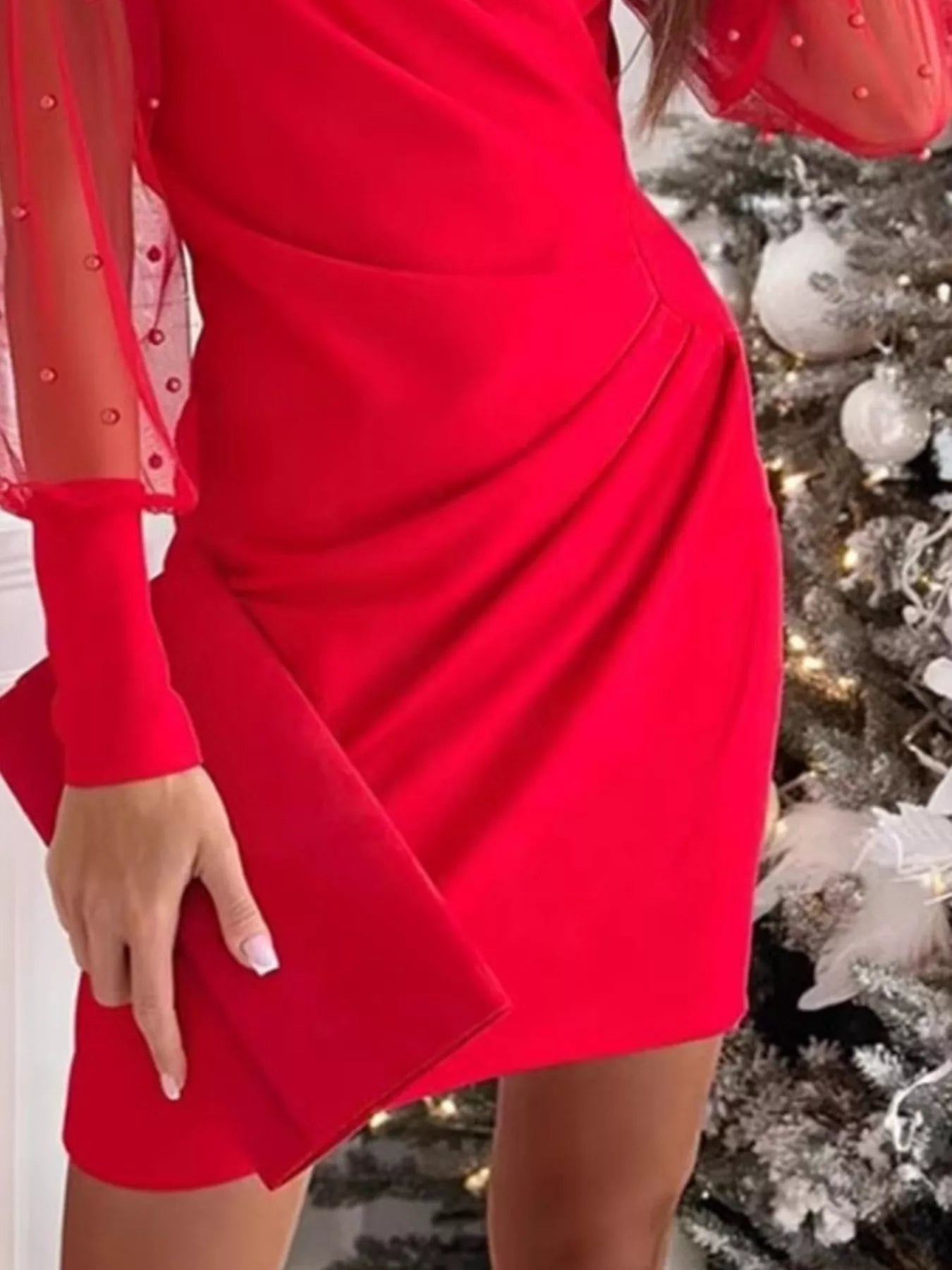 Floral Applique Mesh Sleeve Bodycon Dress - SuzRevera