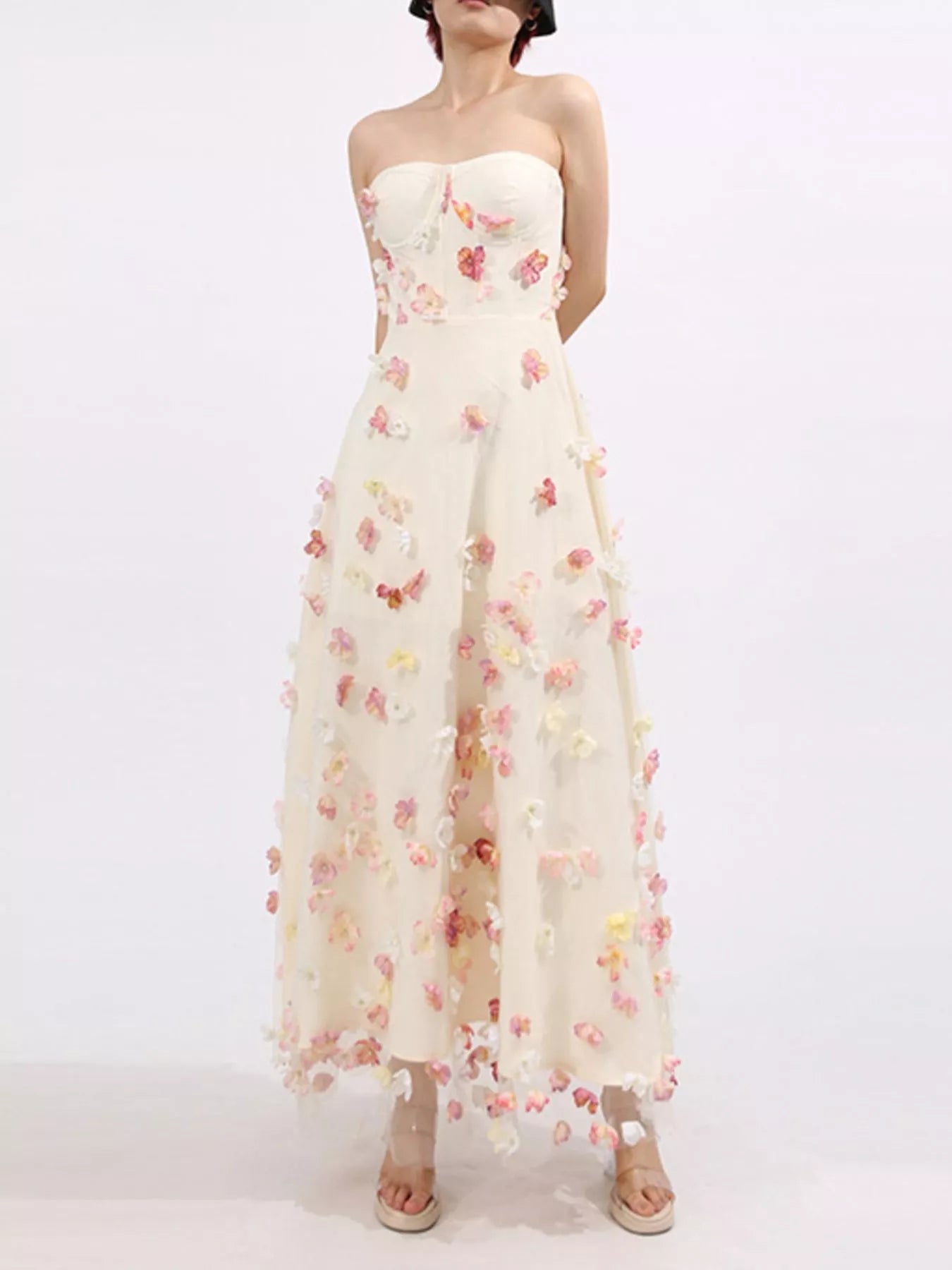 Floral Applique Strapless Tulle Maxi Dress - SuzRevera