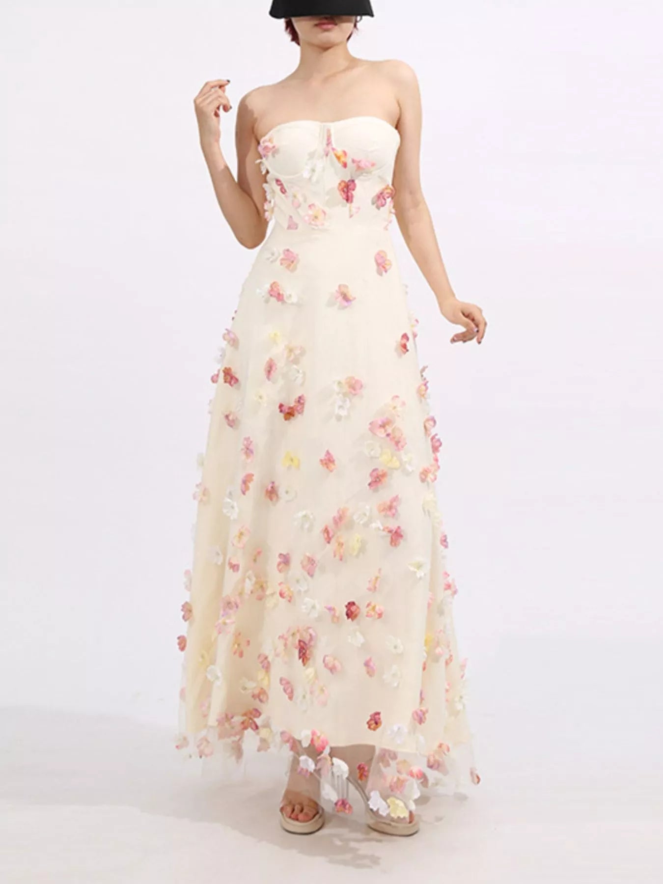 Floral Applique Strapless Tulle Maxi Dress - SuzRevera