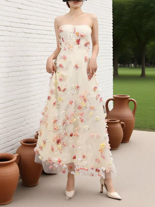 Floral Applique Strapless Tulle Maxi Dress - SuzRevera