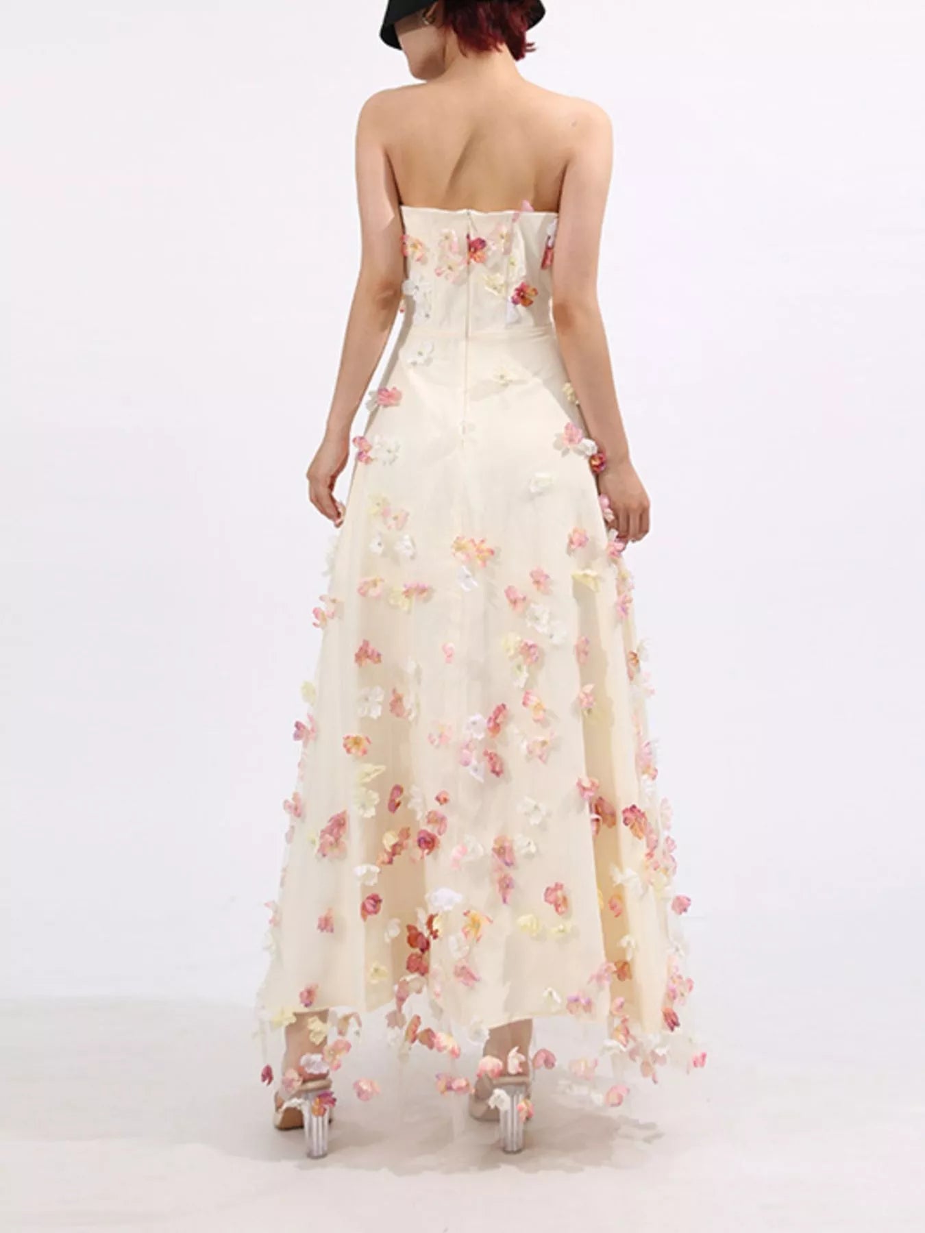 Floral Applique Strapless Tulle Maxi Dress - SuzRevera