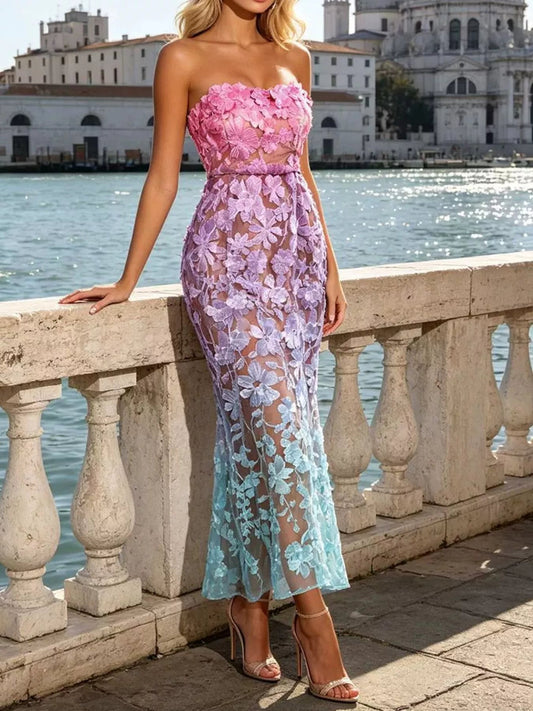 Floral Embroidered Tube Maxi Dress - SuzRevera