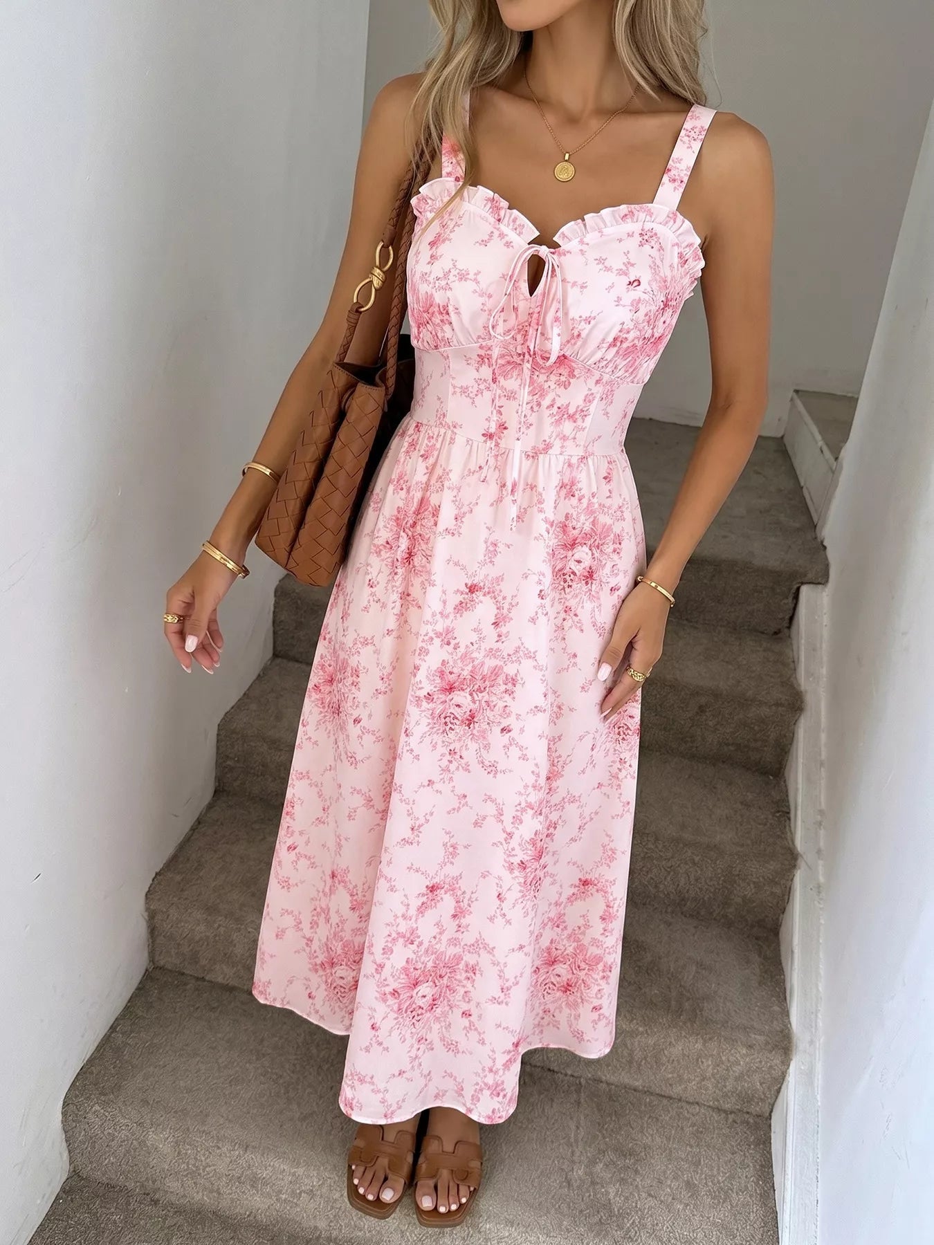 Floral Print Frill Trim Cami Dress - SuzRevera
