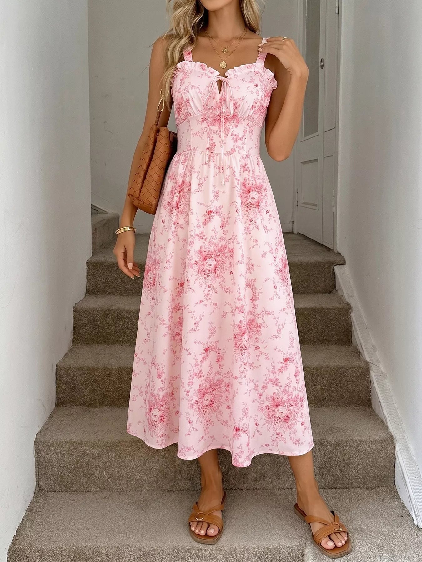 Floral Print Frill Trim Cami Dress - SuzRevera