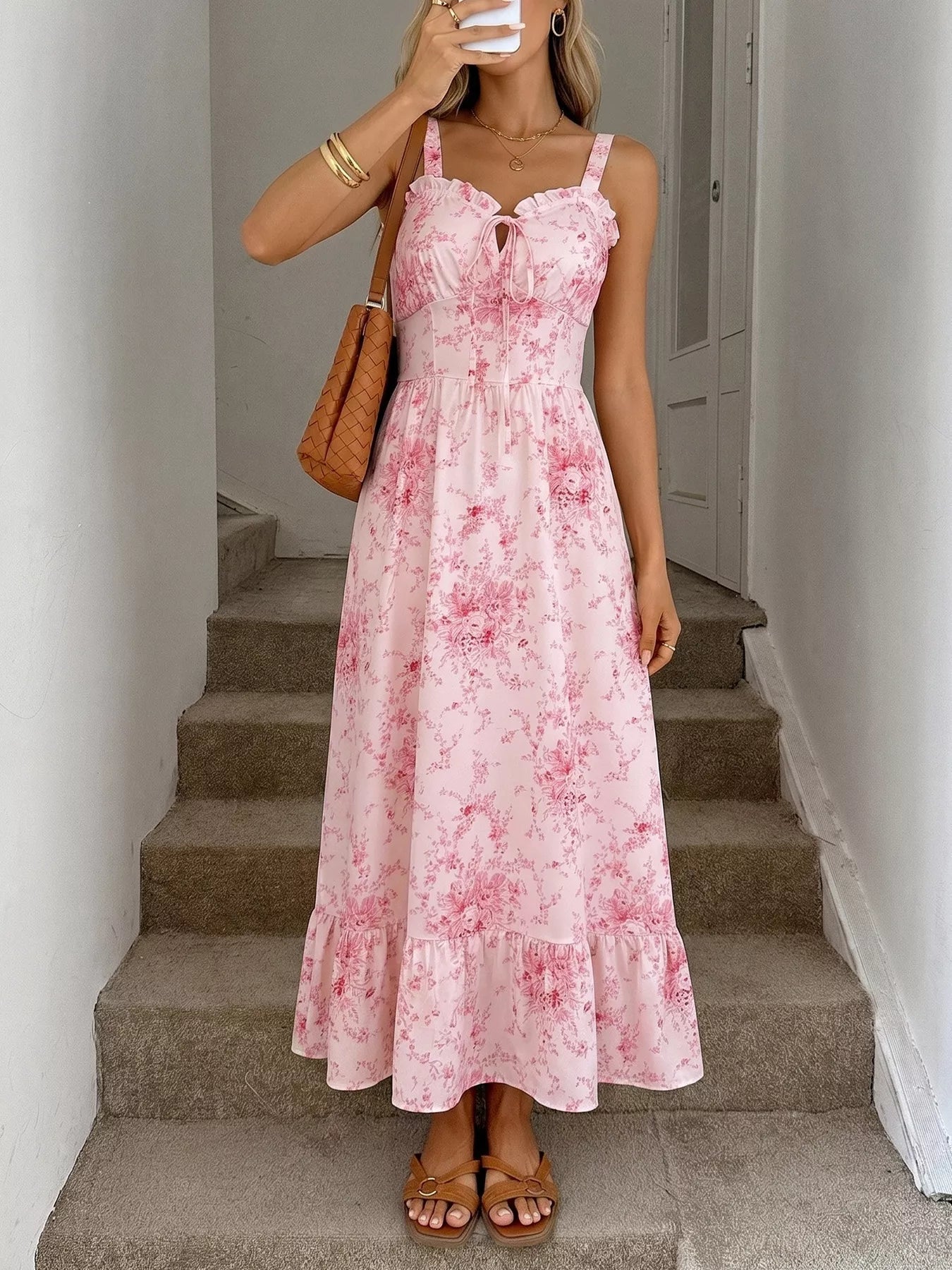 Floral Print Frill Trim Cami Dress - SuzRevera