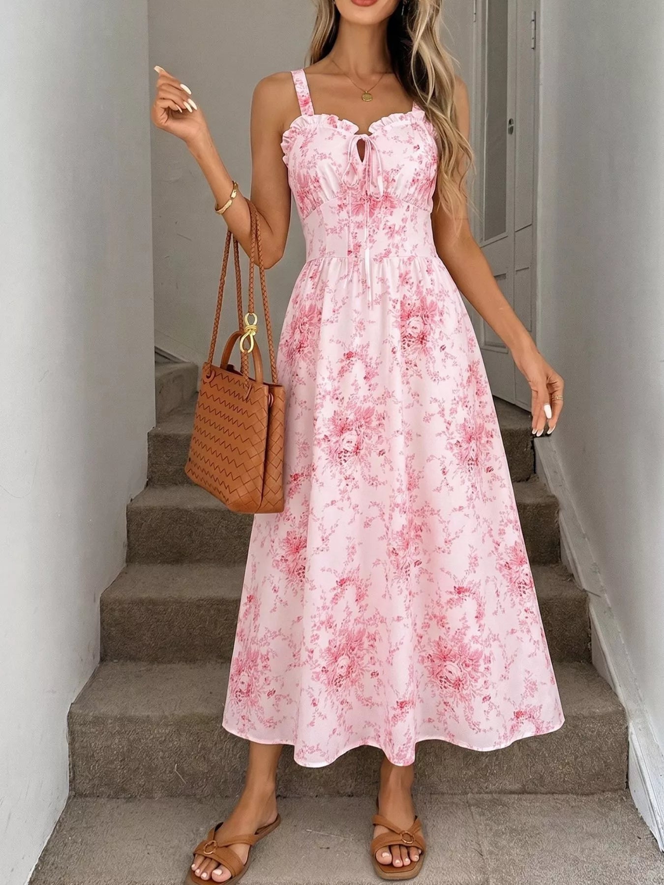 Floral Print Frill Trim Cami Dress - SuzRevera