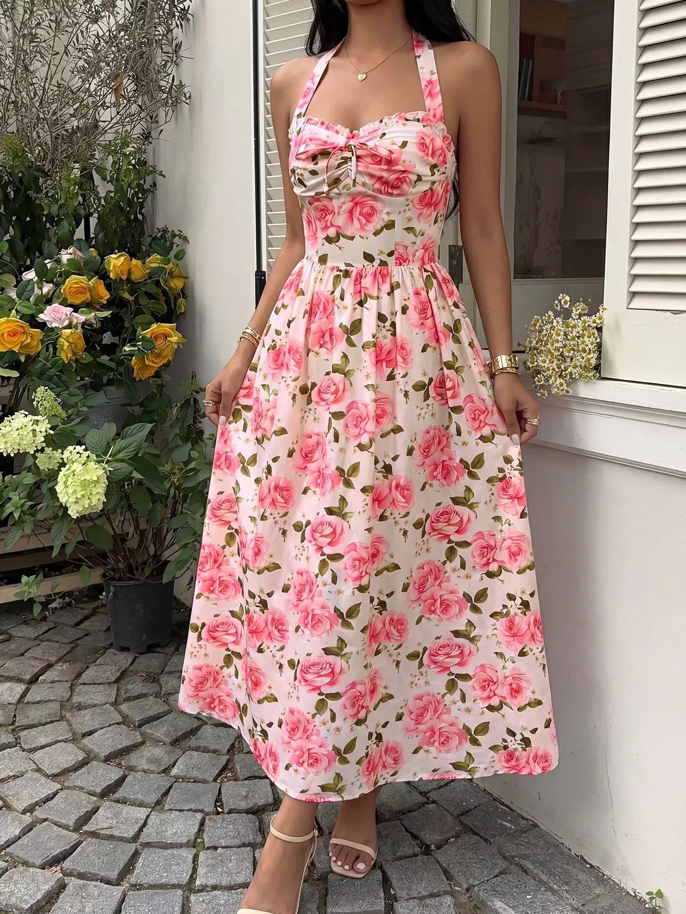 Floral Print Halter Neck Midi Dress - SuzRevera