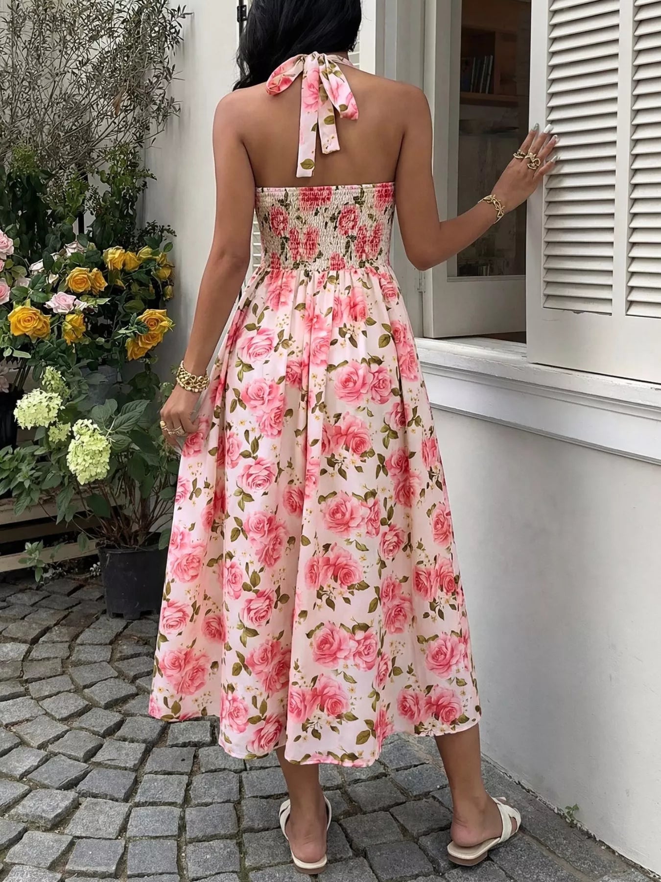 Floral Print Halter Neck Midi Dress - SuzRevera