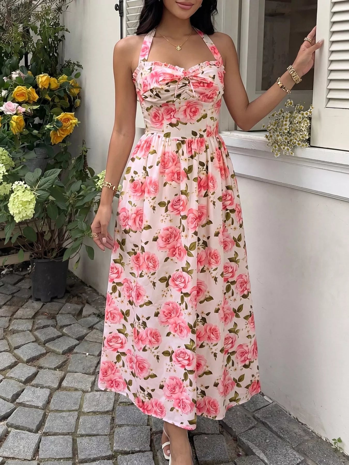 Floral Print Halter Neck Midi Dress - SuzRevera