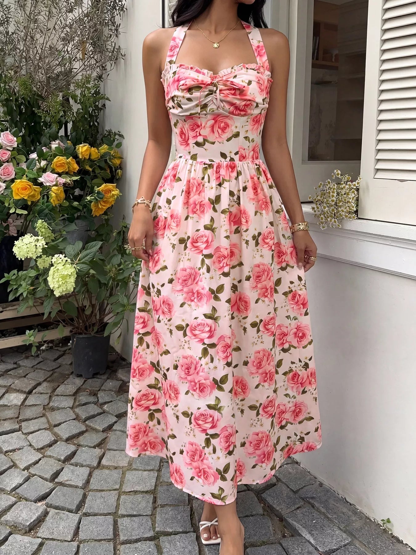 Floral Print Halter Neck Midi Dress - SuzRevera