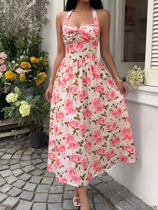Floral Print Halter Neck Midi Dress - SuzRevera