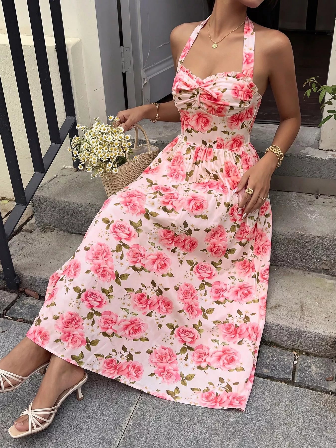 Floral Print Halter Neck Midi Dress - SuzRevera