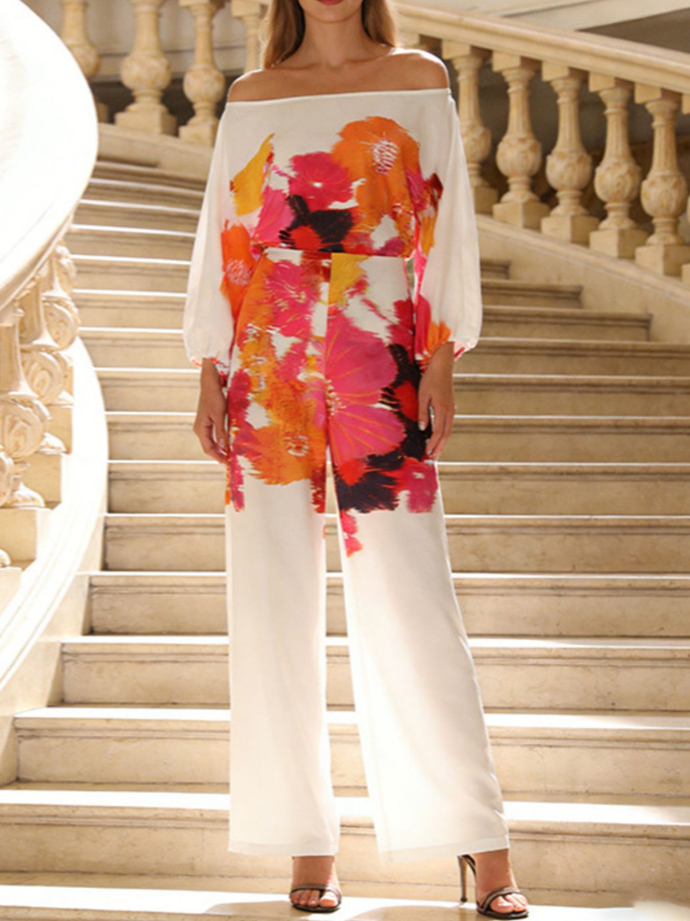 Floral Print Off - Shoulder Top and Pants Set - SuzRevera