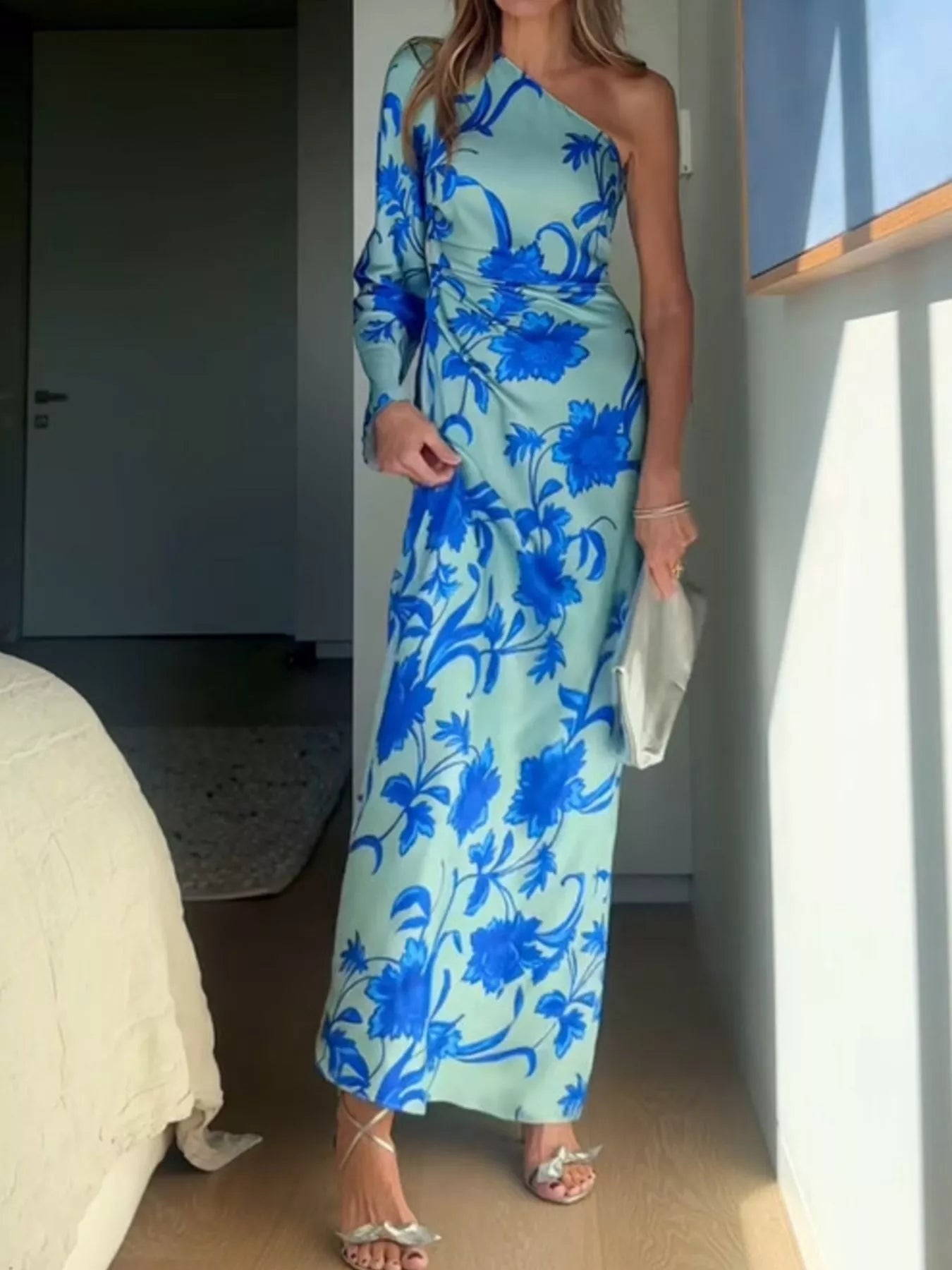 Floral Print One - Shoulder Maxi Dress - SuzRevera