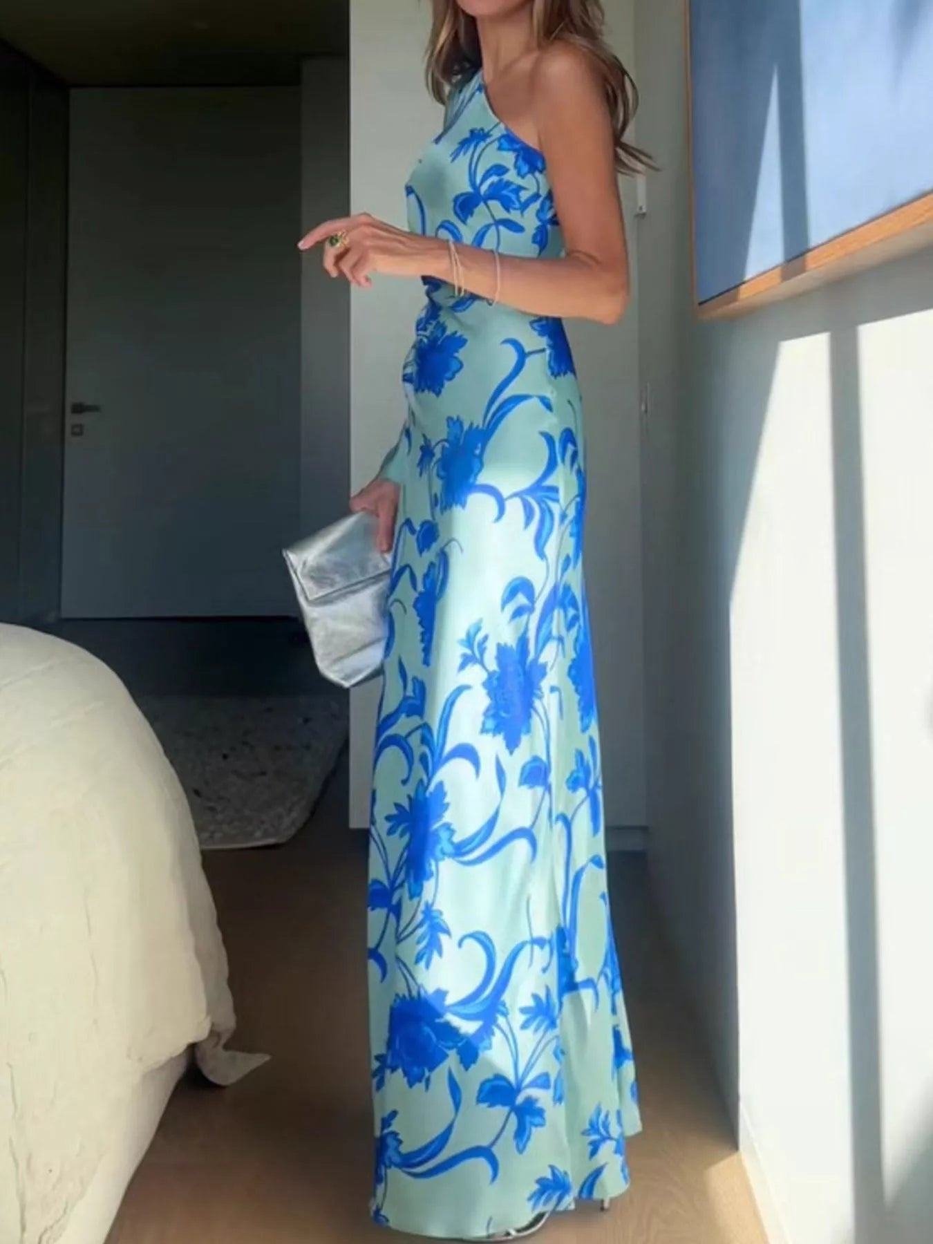 Floral Print One - Shoulder Maxi Dress - SuzRevera