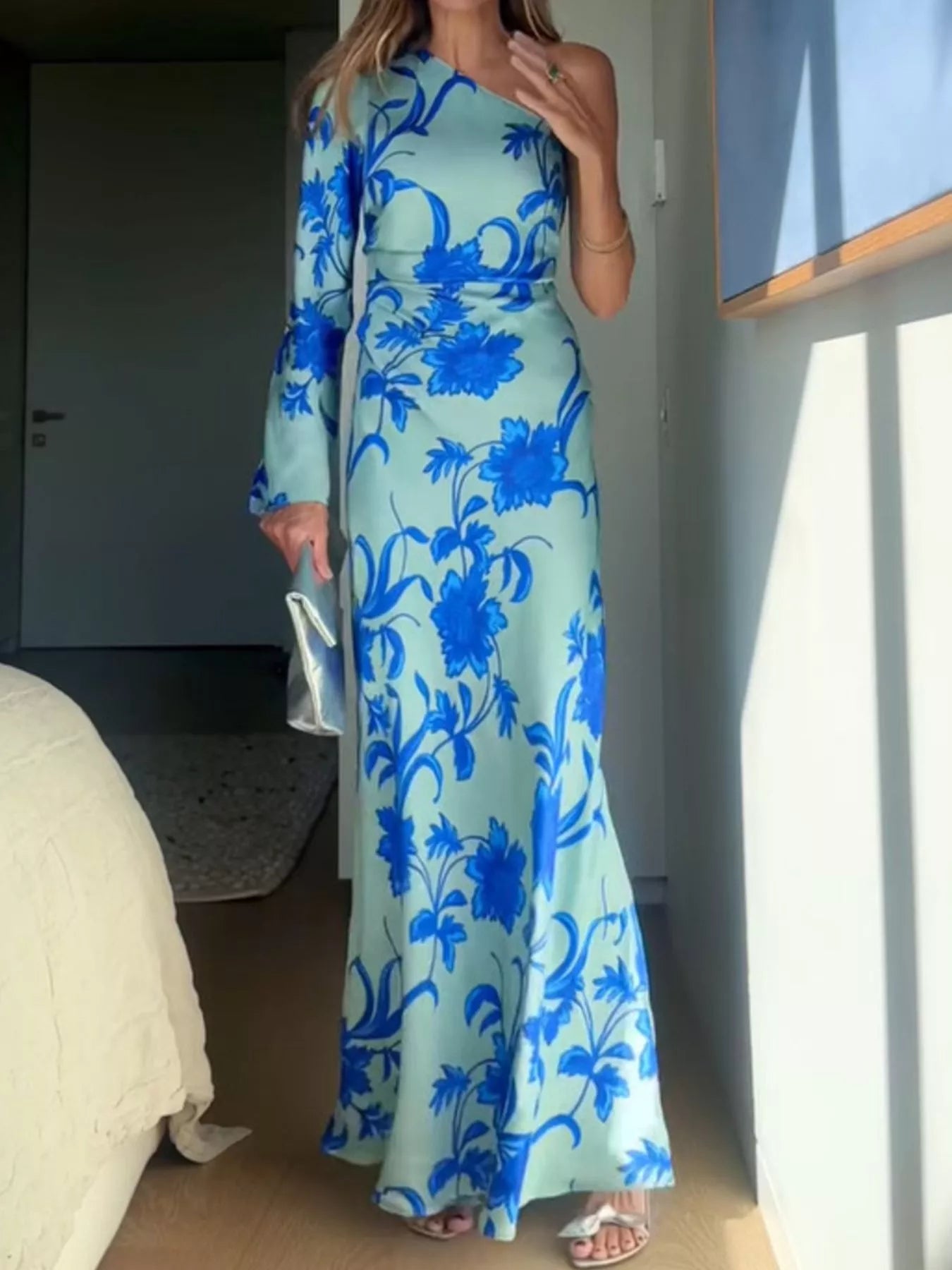 Floral Print One - Shoulder Maxi Dress - SuzRevera