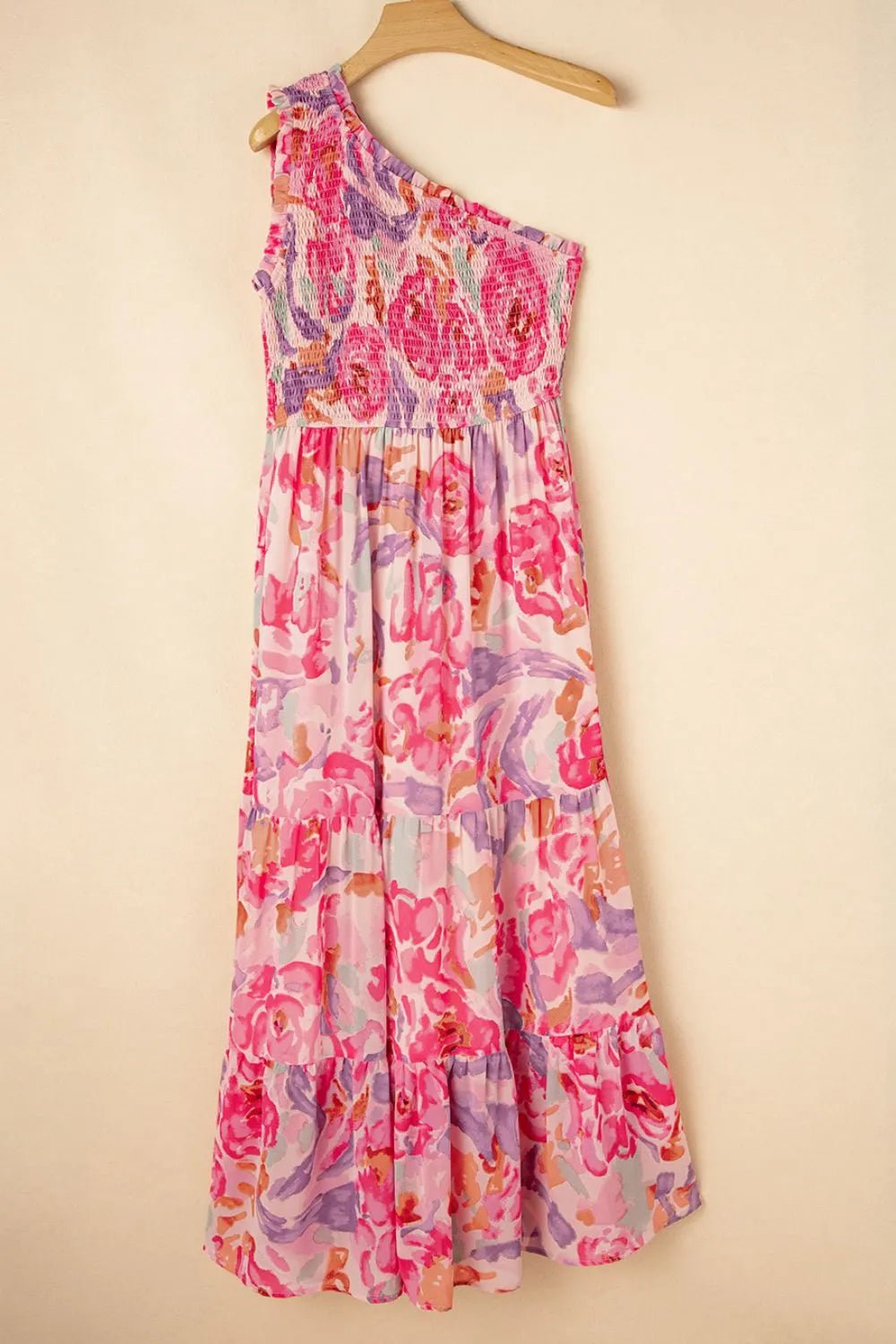 Floral Print Shirred One Shoulder Maxi Dress - SuzRevera
