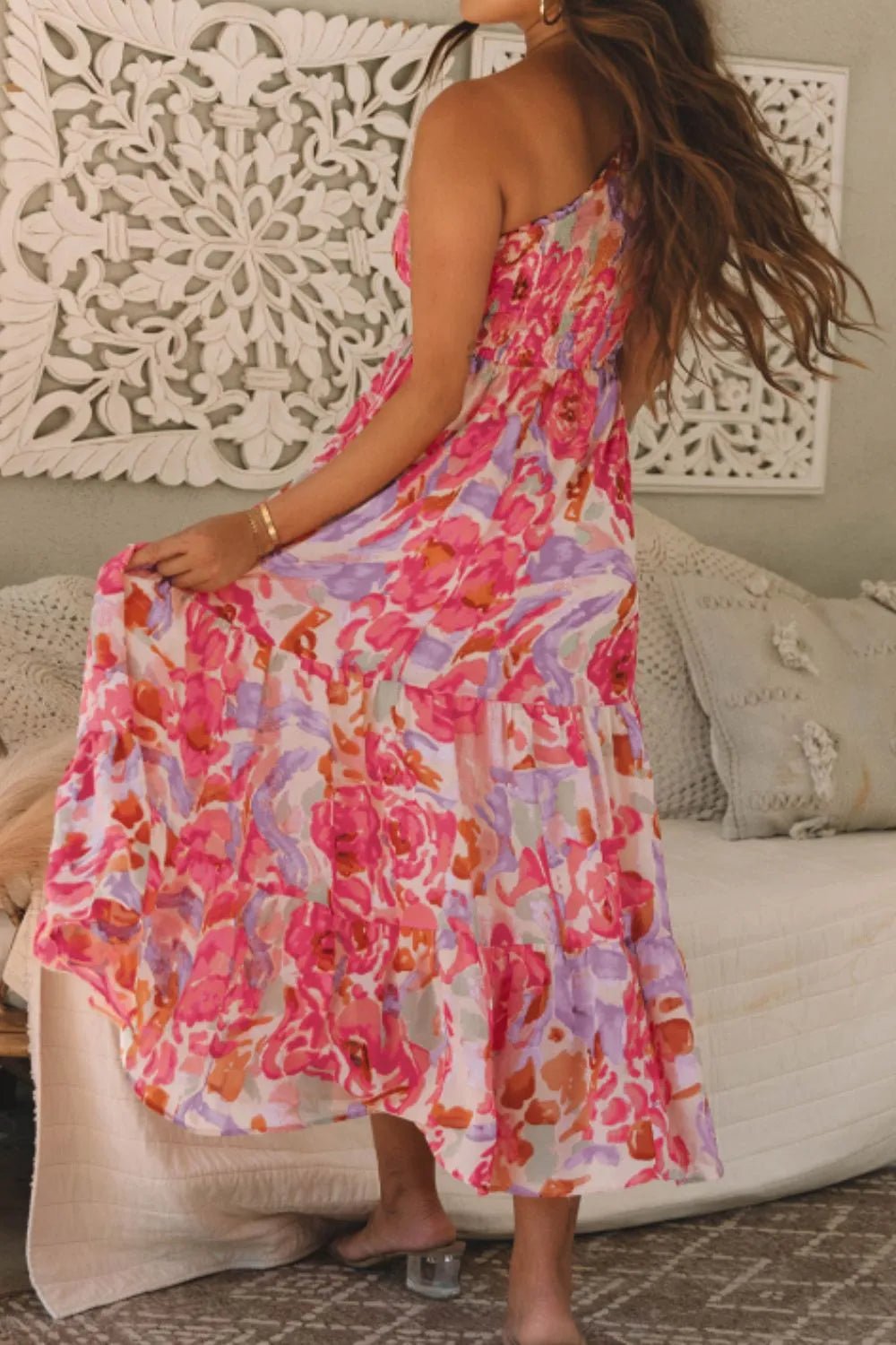 Floral Print Shirred One Shoulder Maxi Dress - SuzRevera