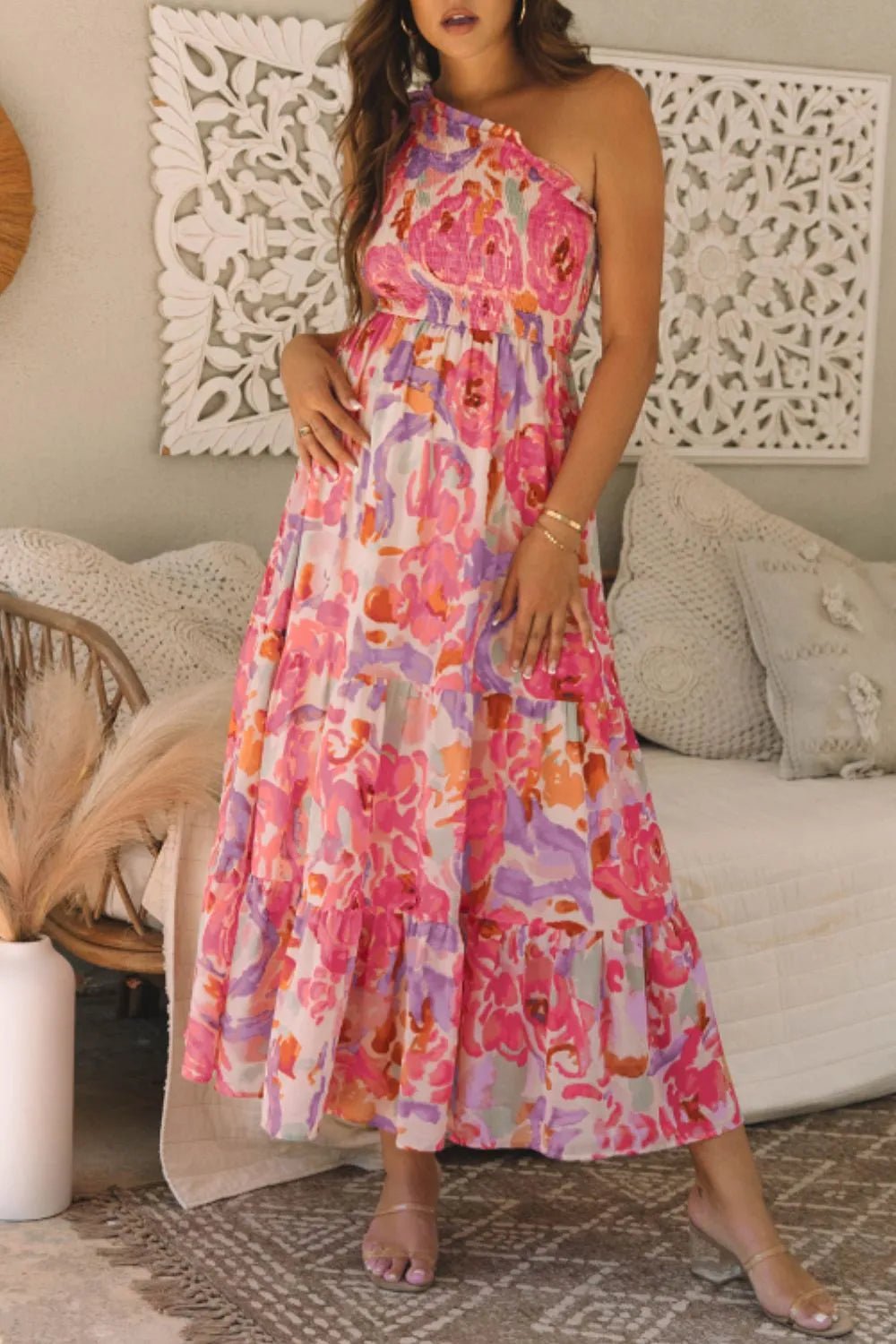 Floral Print Shirred One Shoulder Maxi Dress - SuzRevera