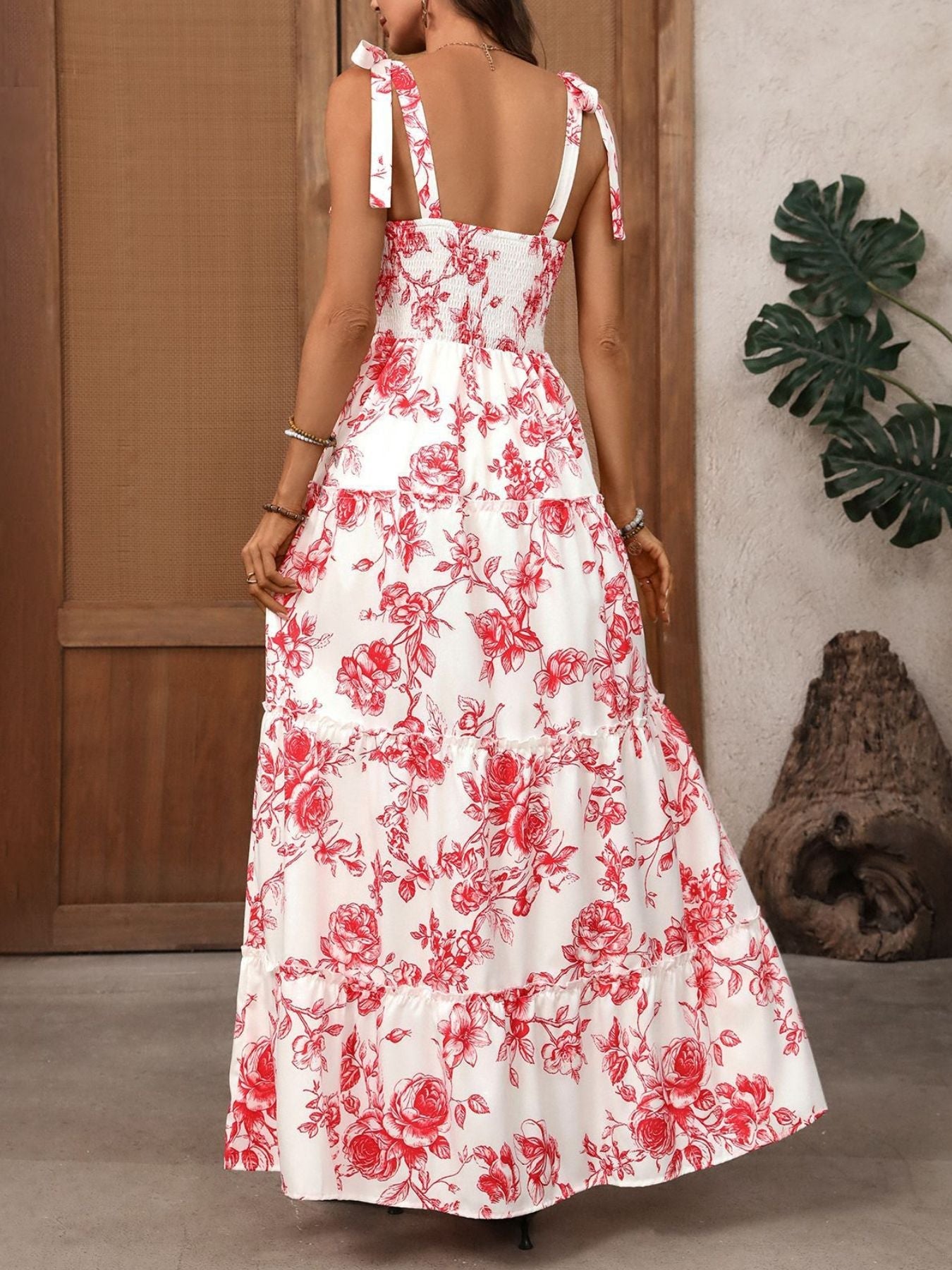 Floral Print Tie Strap Maxi Dress - SuzRevera