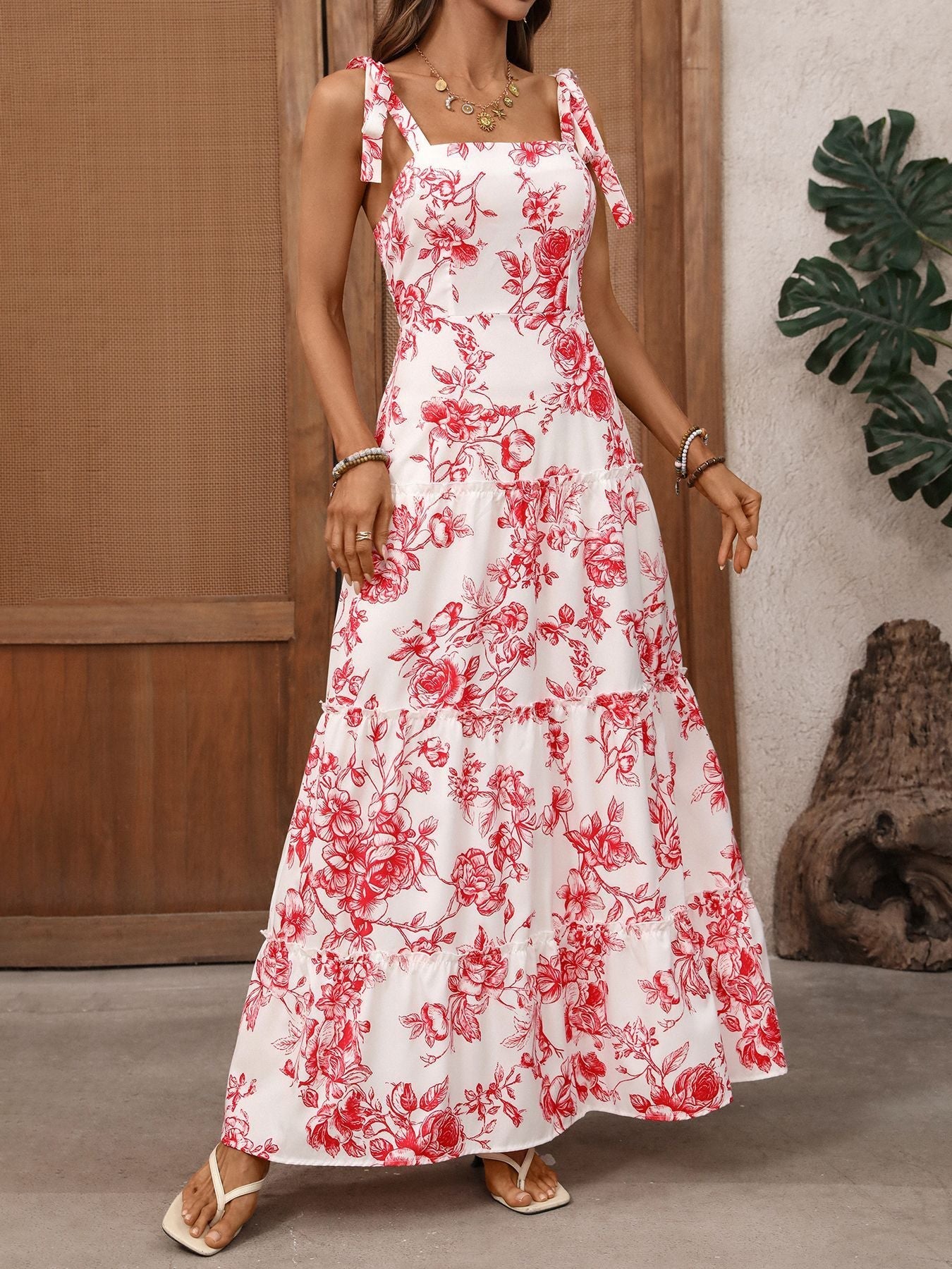 Floral Print Tie Strap Maxi Dress - SuzRevera