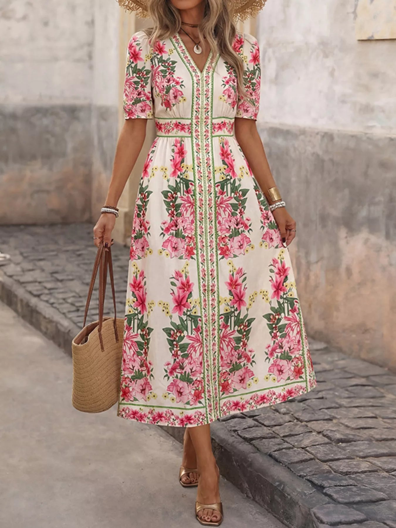 Floral Print V - Neck Midi Dress - SuzRevera