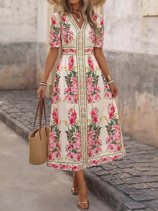 Floral Print V - Neck Midi Dress - SuzRevera
