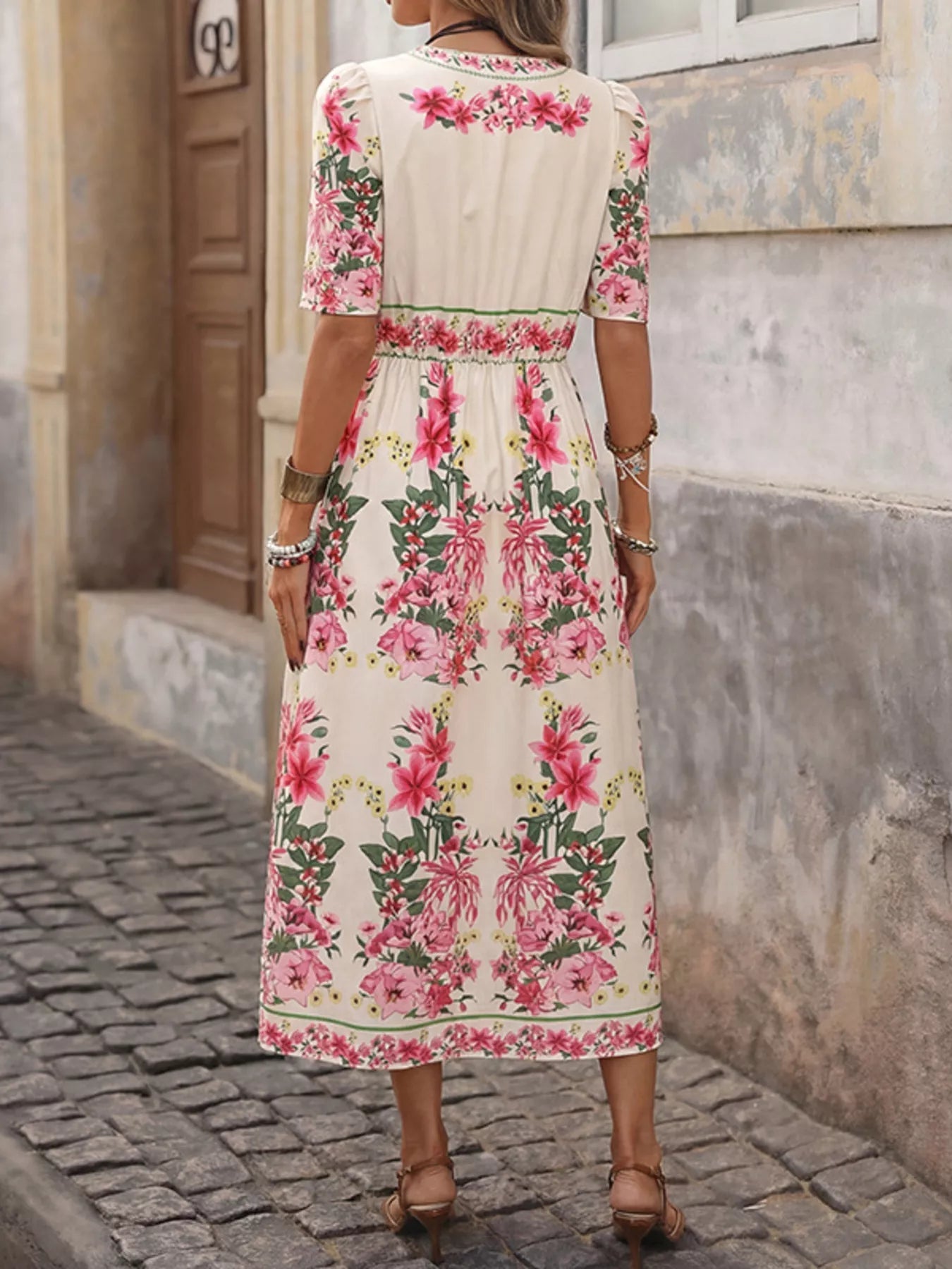 Floral Print V - Neck Midi Dress - SuzRevera