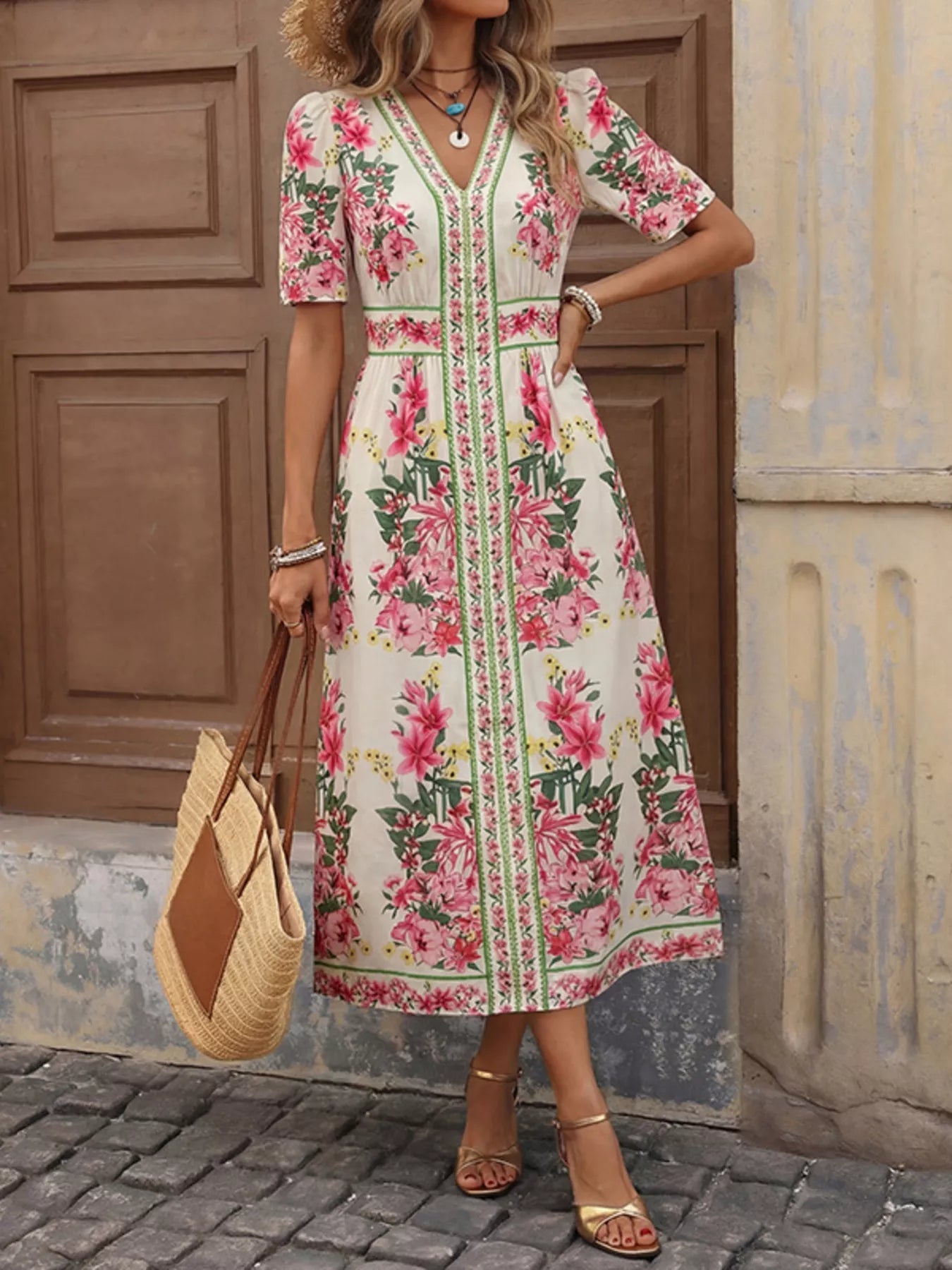 Floral Print V - Neck Midi Dress - SuzRevera