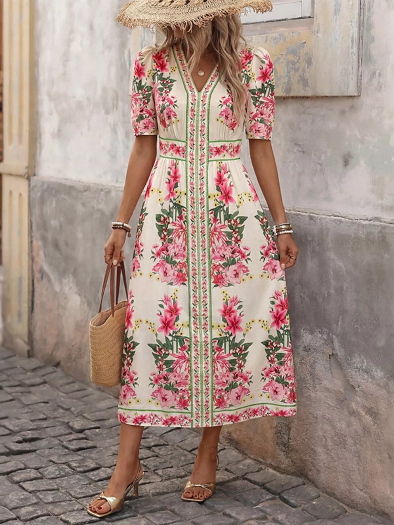 Floral Print V - Neck Midi Dress - SuzRevera